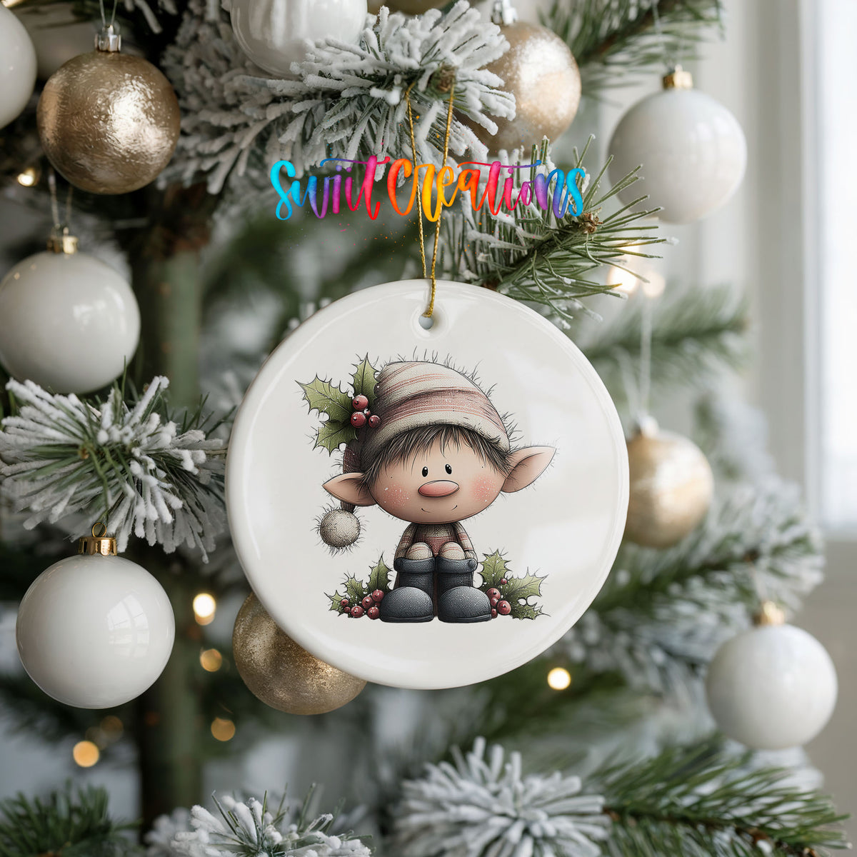 A ceramic ornament featuring a cartoon elf is hanging on a Christmas tree, surrounded by white and gold ornaments.