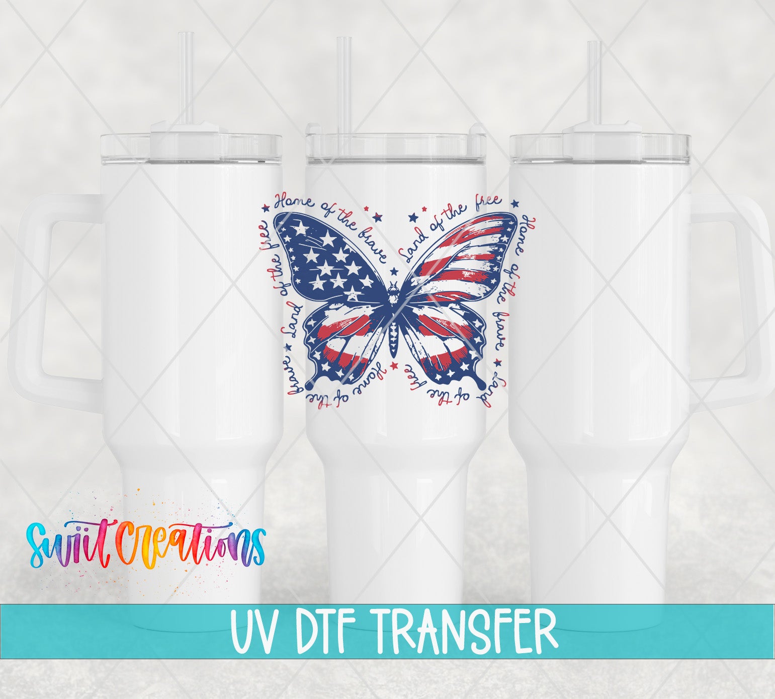 three white tumblers with a butterfly design and the text "Home of the free" printed on them.