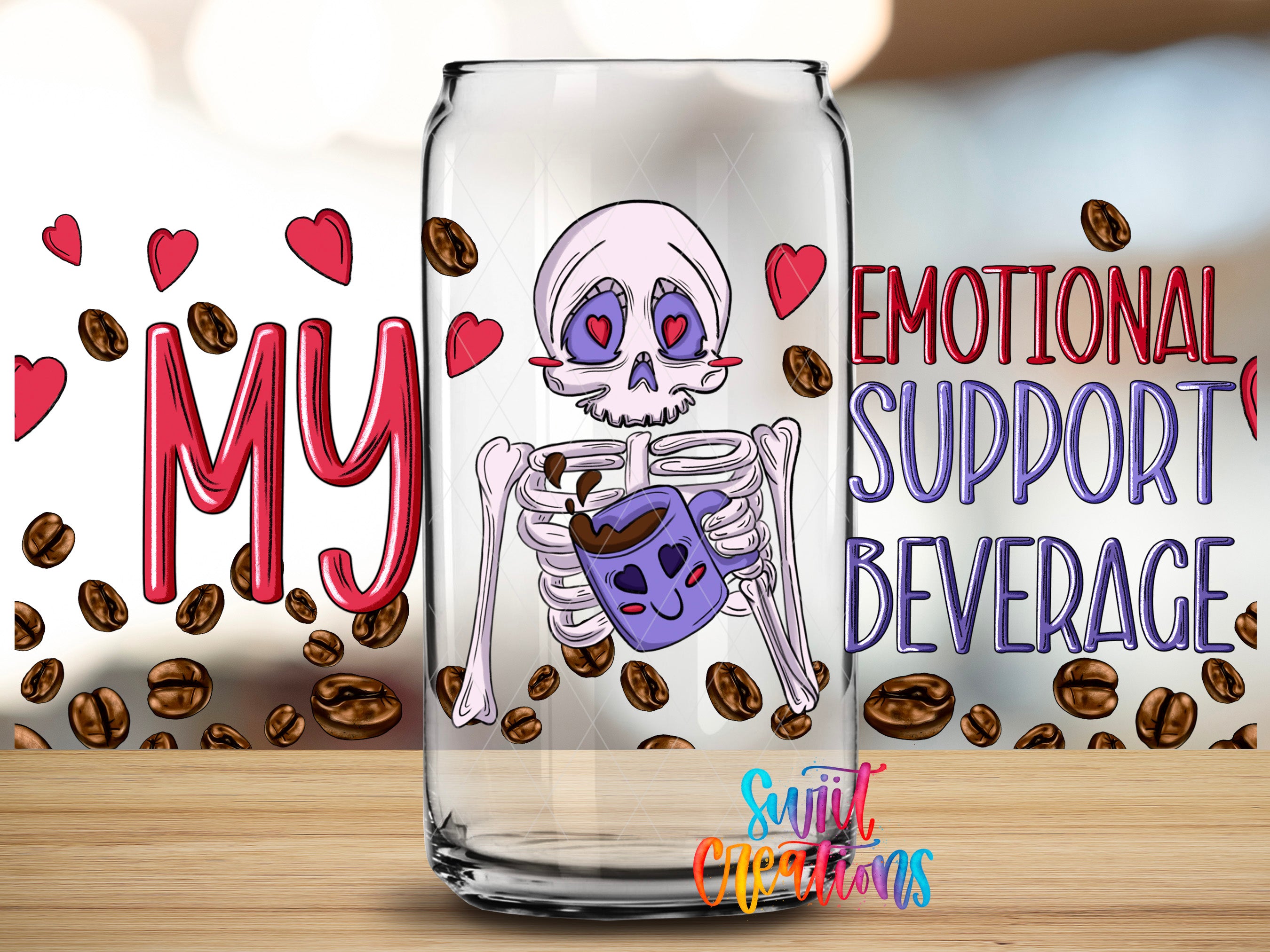 a glass can with a skeleton holding a coffee mug, surrounded by coffee beans and hearts.