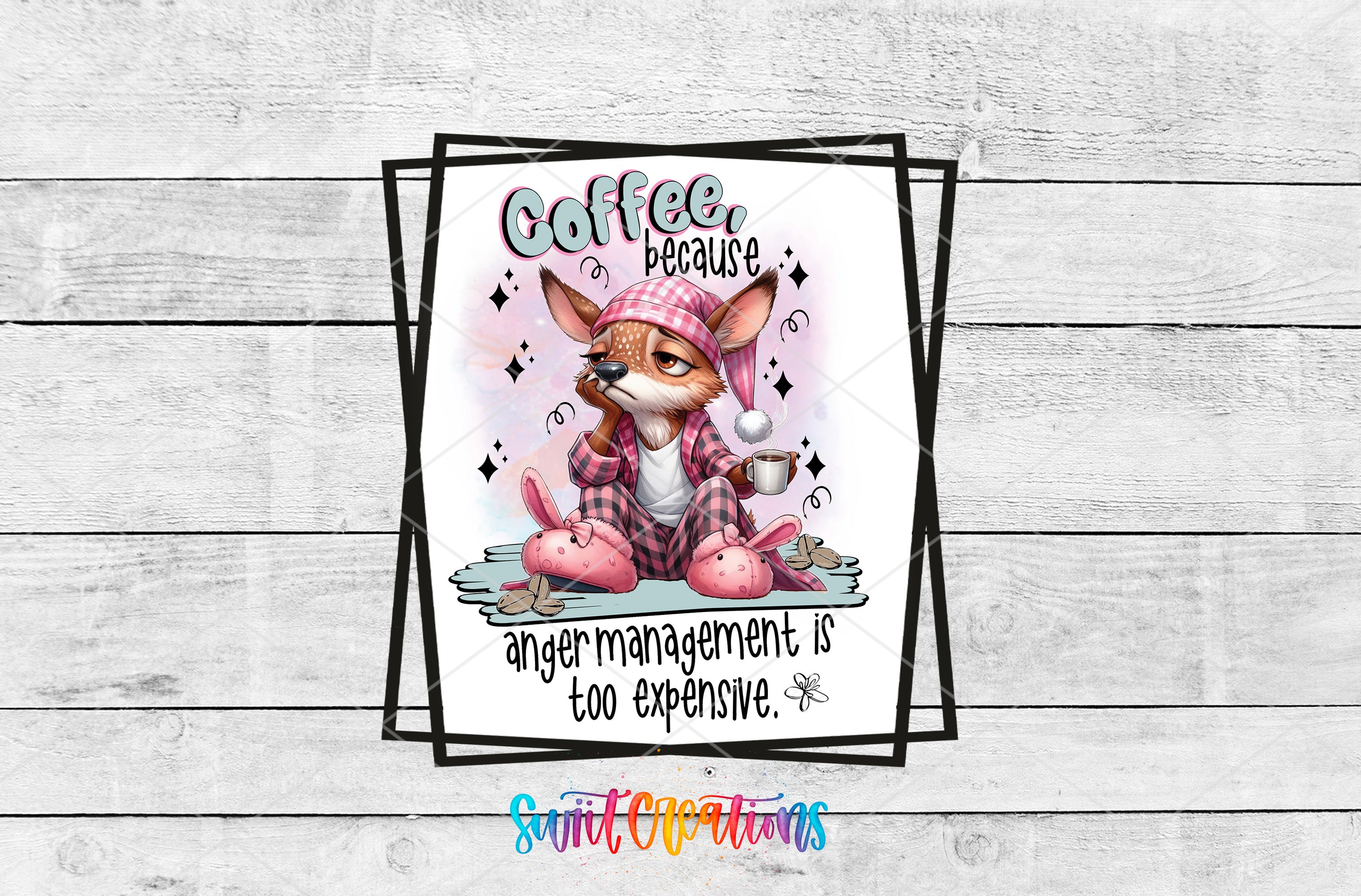 A cartoon image of a cat wearing a pink hat and holding a coffee cup, with the text "Coffee because anger management is too expensive."