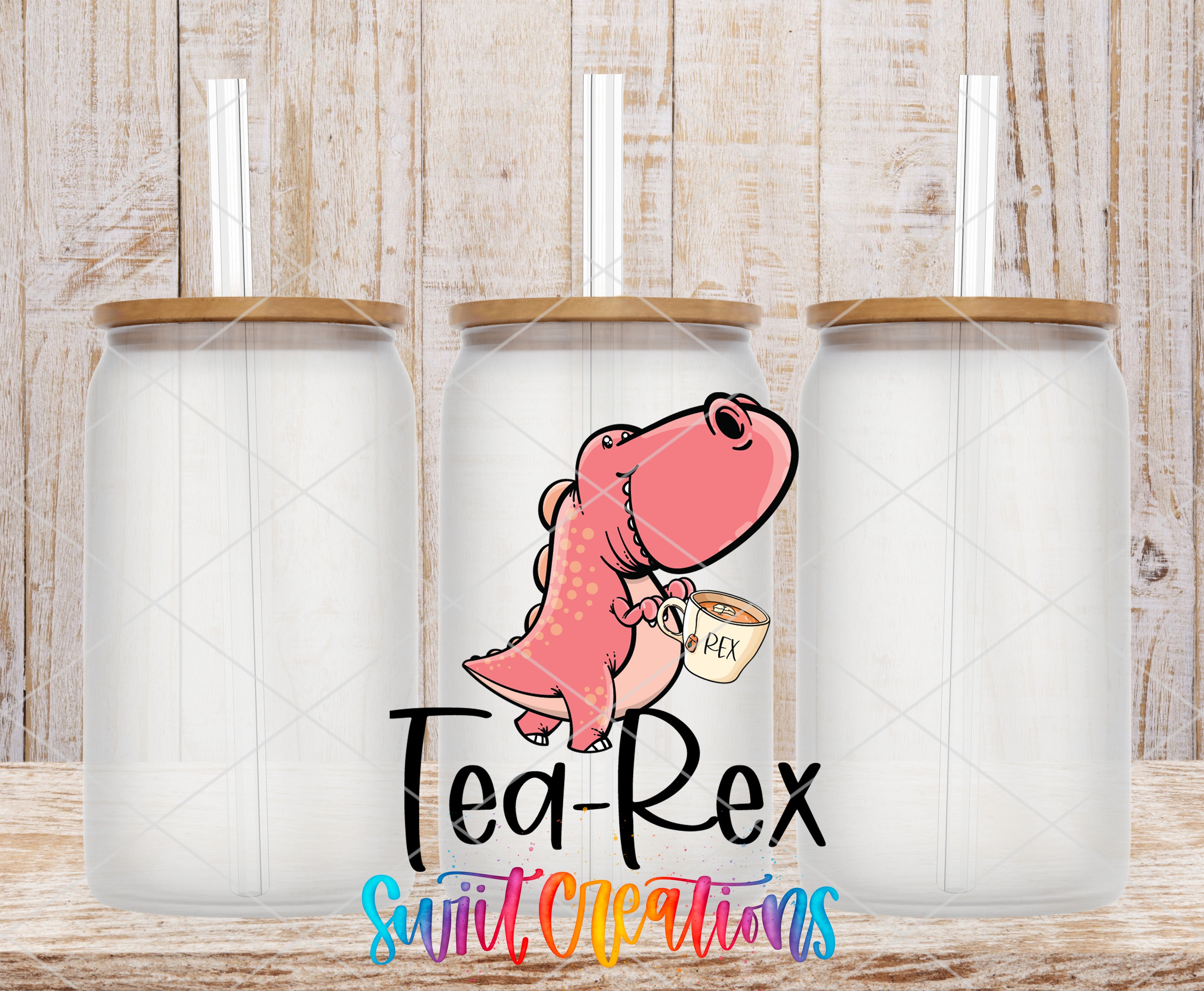 three clear glass jars with lids, each containing a straw. In the center of the image, there is a pink dinosaur holding a cup with the word "Rex" written on it. The background of the image is a wooden wall.