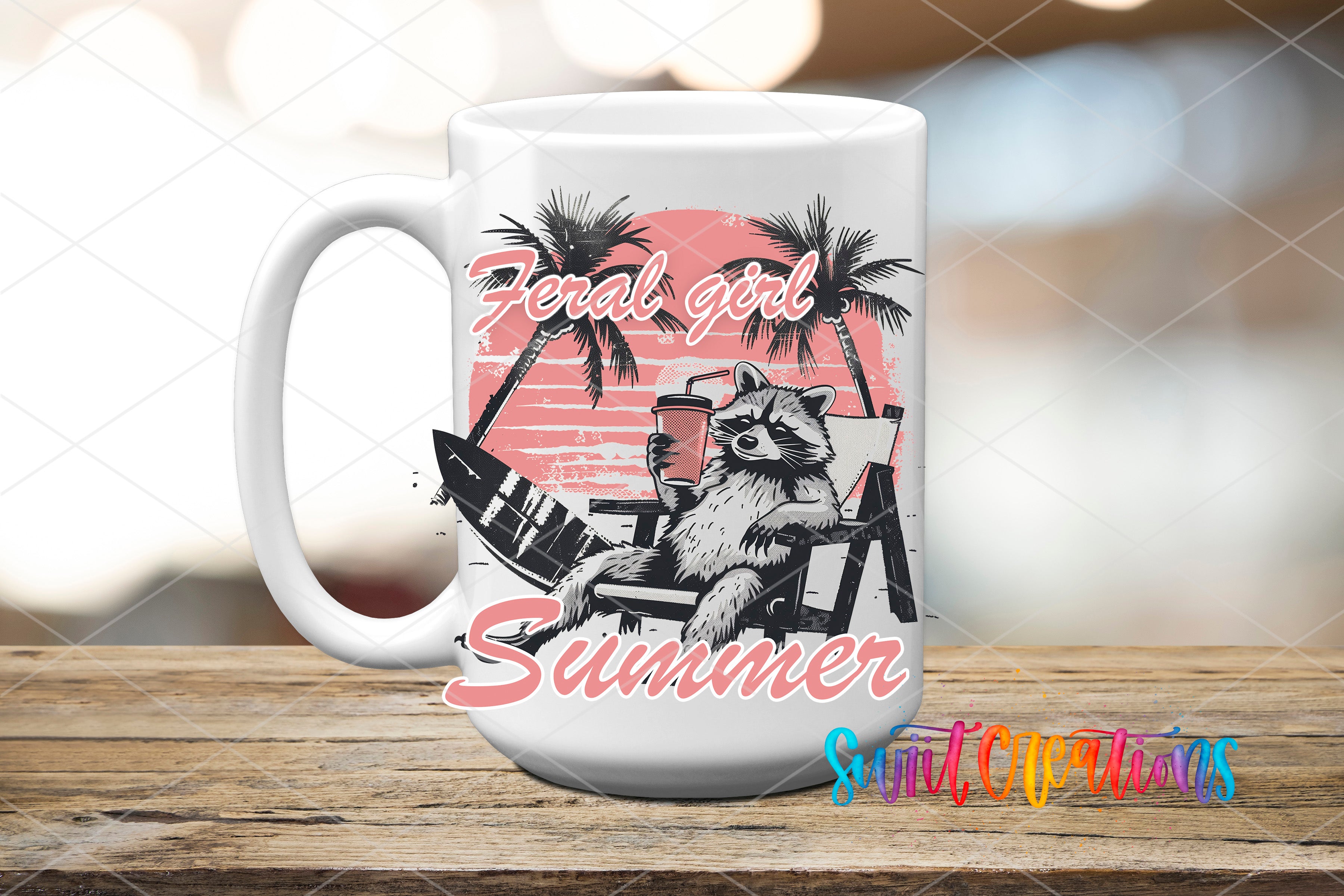 A white mug with a graphic design featuring a raccoon sitting on a beach chair, holding a surfboard, and surrounded by palm trees.