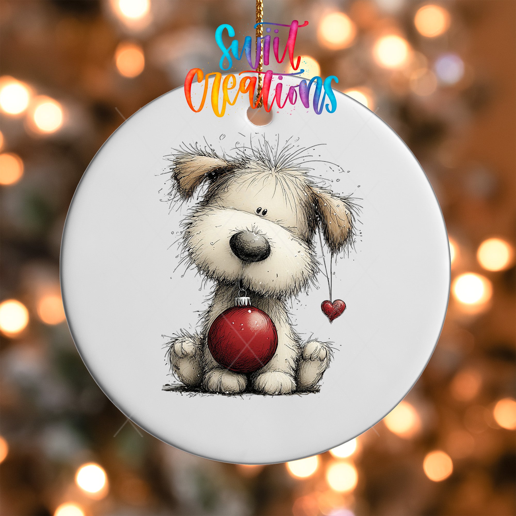A white ceramic ornament featuring a cute cartoon dog holding a red heart-shaped ornament.