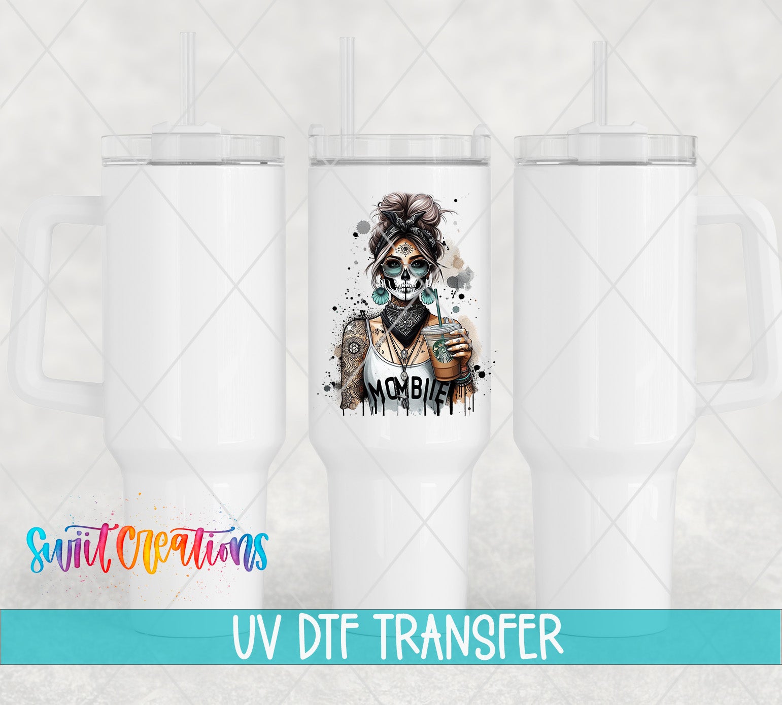 three white tumblers with a skull design and the word "MOBILE" printed on them.