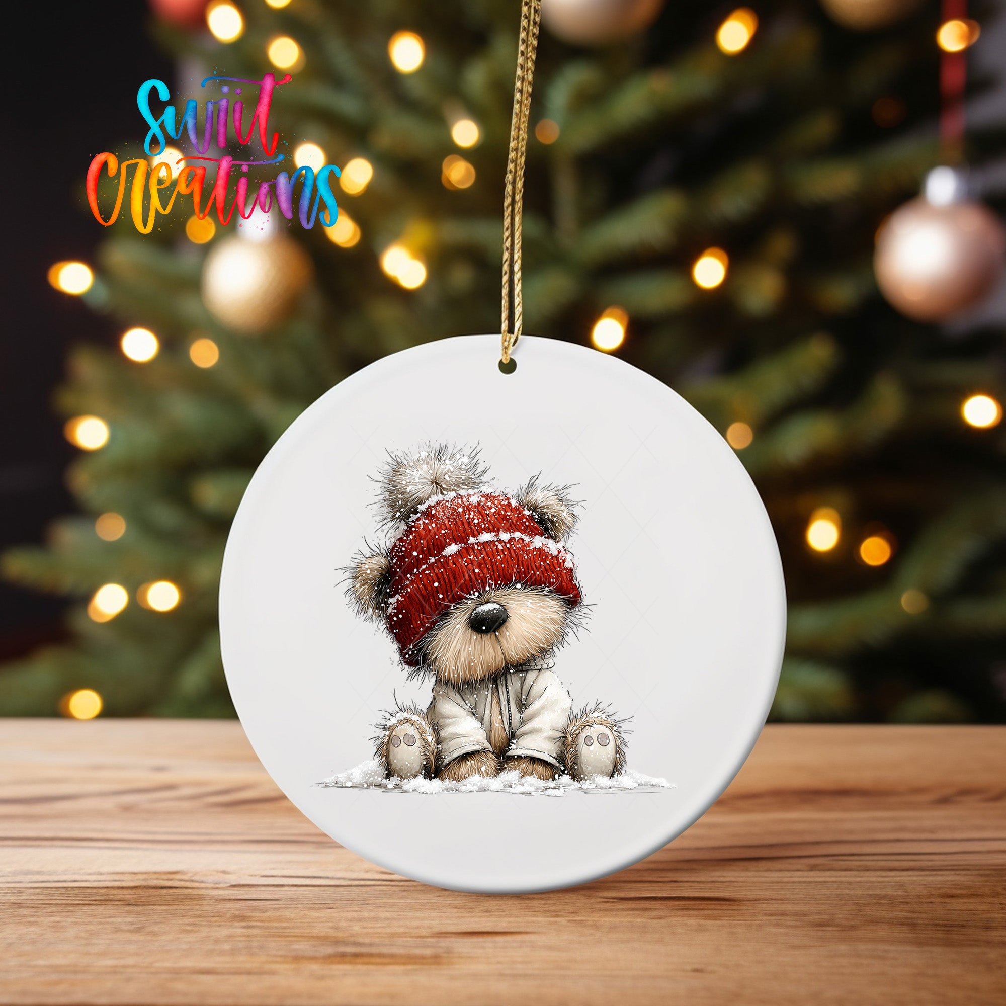 A white ceramic ornament featuring a teddy bear wearing a red hat and sitting in the snow, with a blurred background of a Christmas tree and twinkling lights.