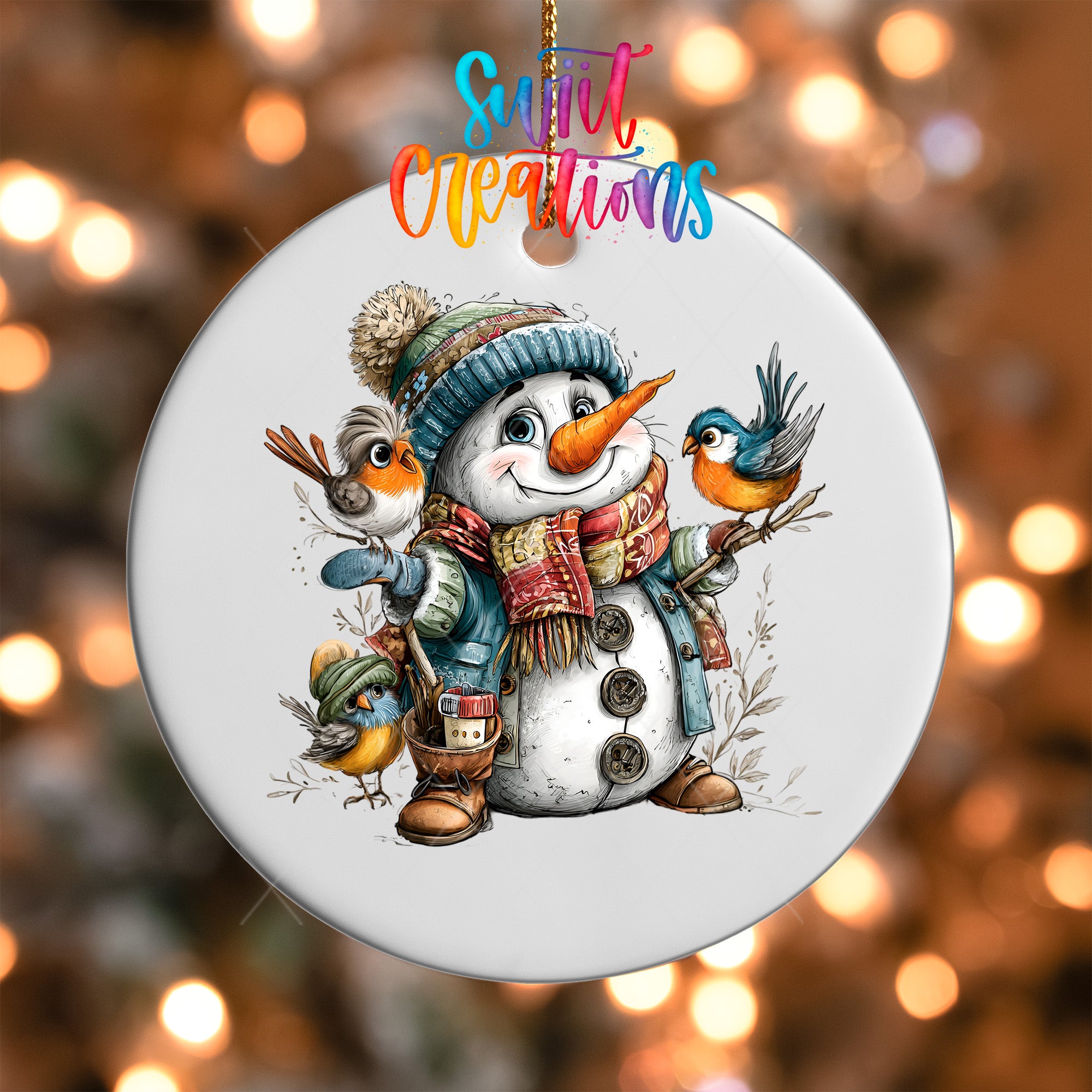 A snowman ornament with a bird perched on its shoulder, surrounded by other birds, against a blurred background of twinkling lights.