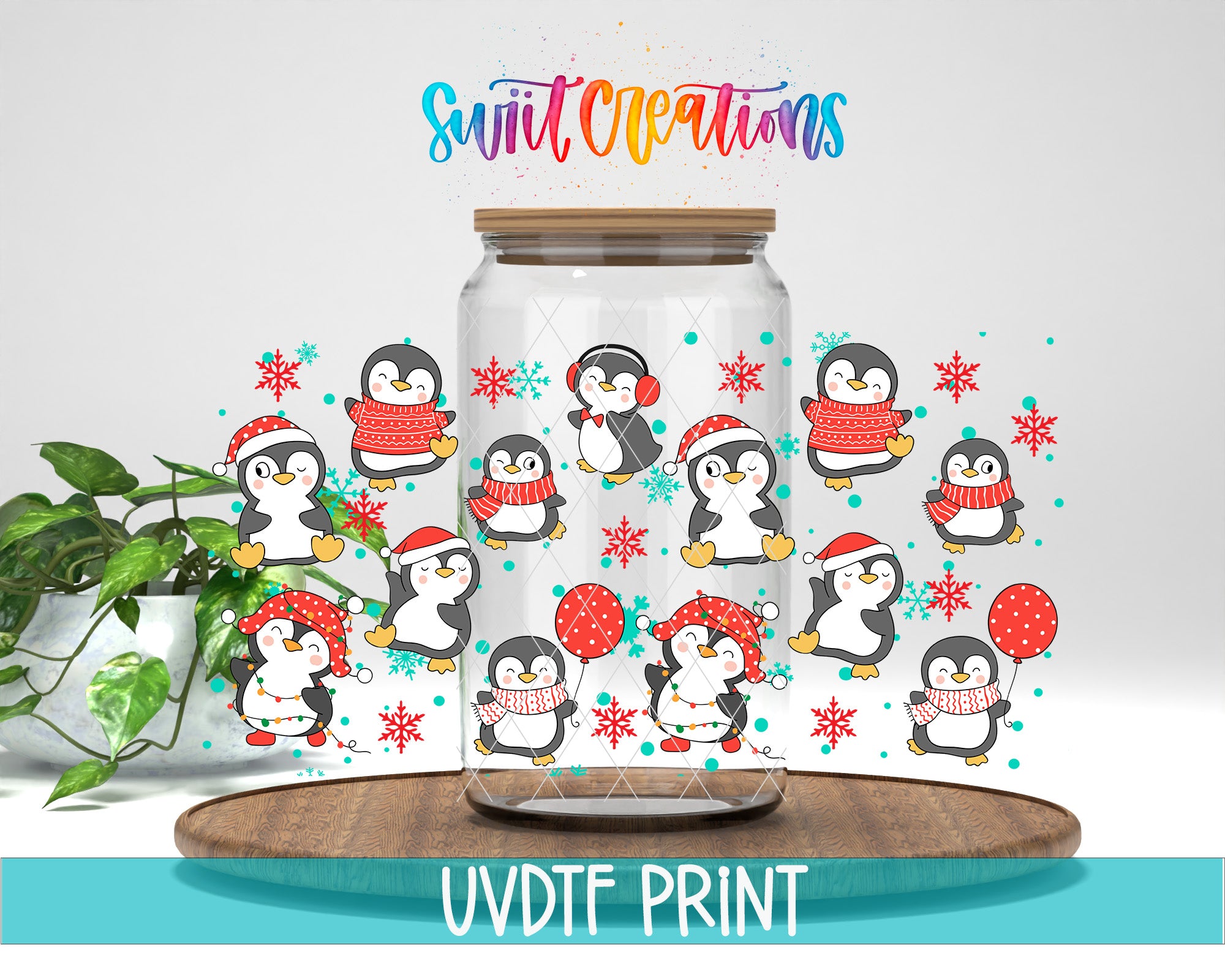 A glass jar filled with various cartoon penguins wearing winter hats and scarves, surrounded by snowflakes and balloons, with the text "Swift Creations" and "UVDF PRINT" displayed above it.
