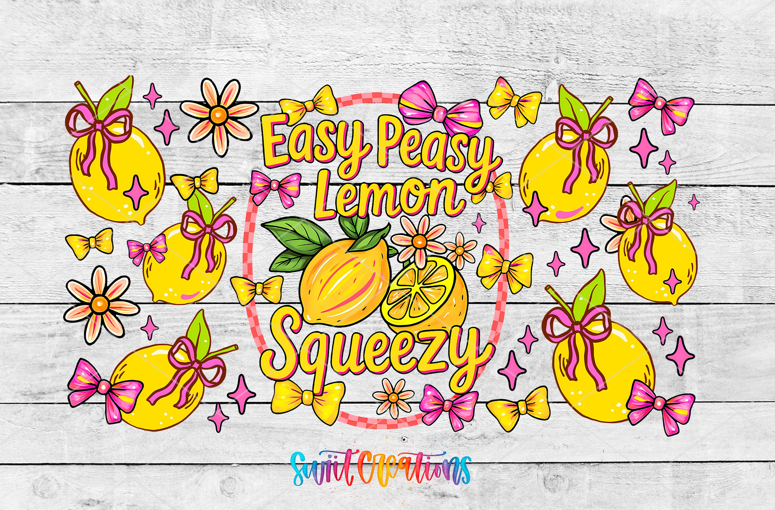 The image is a colorful illustration featuring various elements related to lemons, such as lemons, flowers, and bows. The text "Easy Peasy Lemon Squeezy" is prominently displayed, along with other decorative elements like stars and flowers.