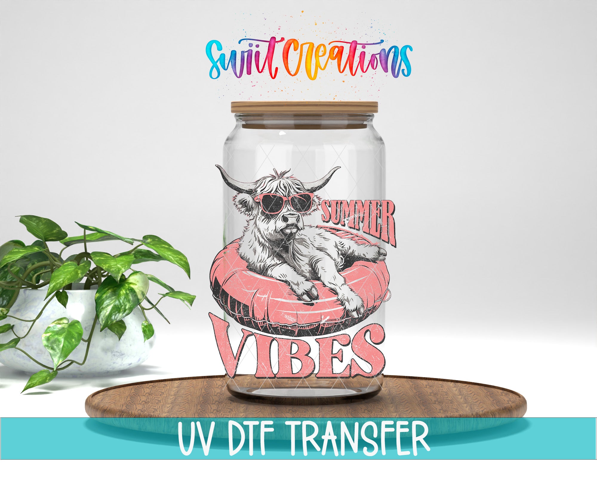 a glass jar with a cartoon cow wearing sunglasses and a red inner tube, sitting on a wooden surface. The jar has a label that says "Summer VIBES".