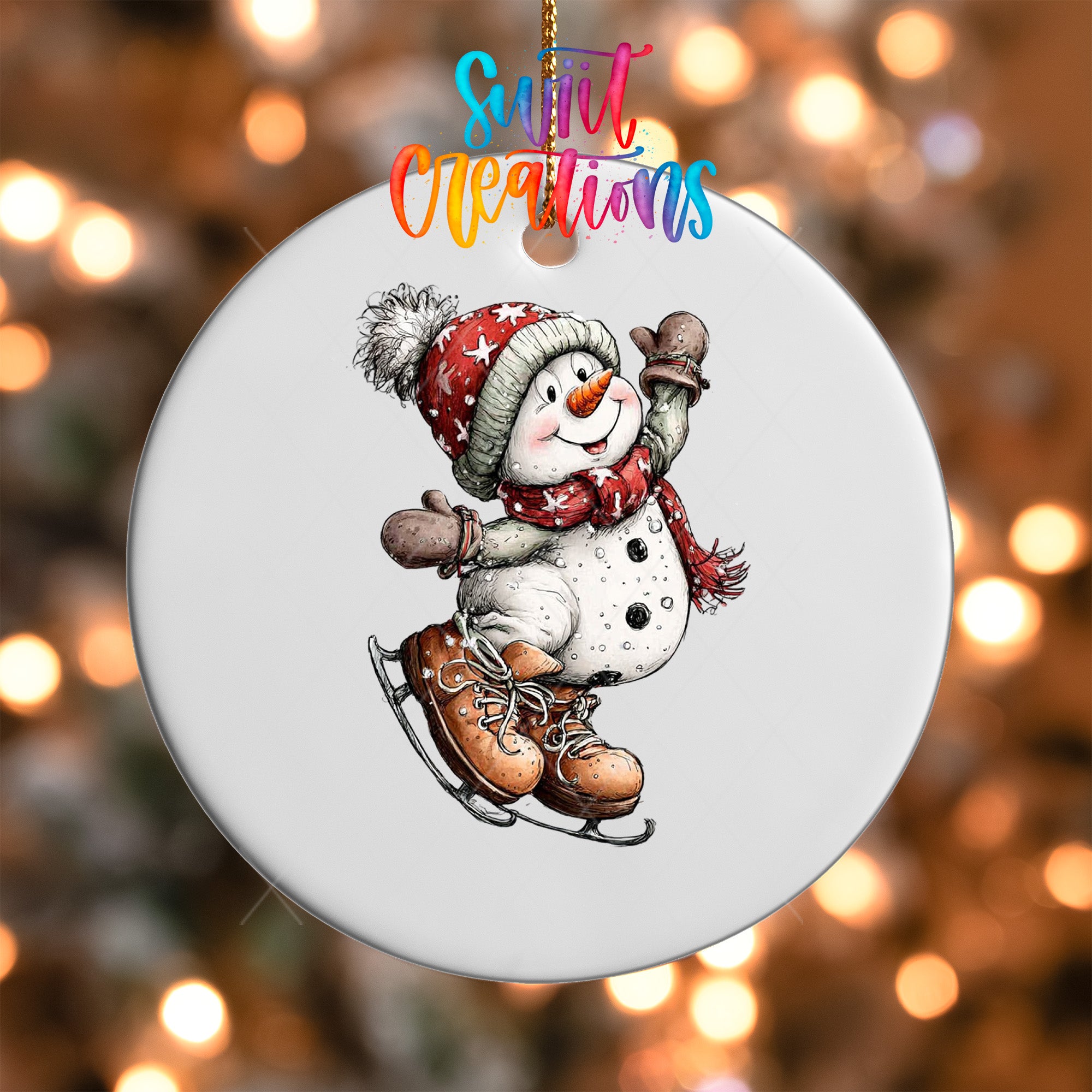 A snowman ornament with a pair of skis and a scarf, set against a blurred background of twinkling lights.