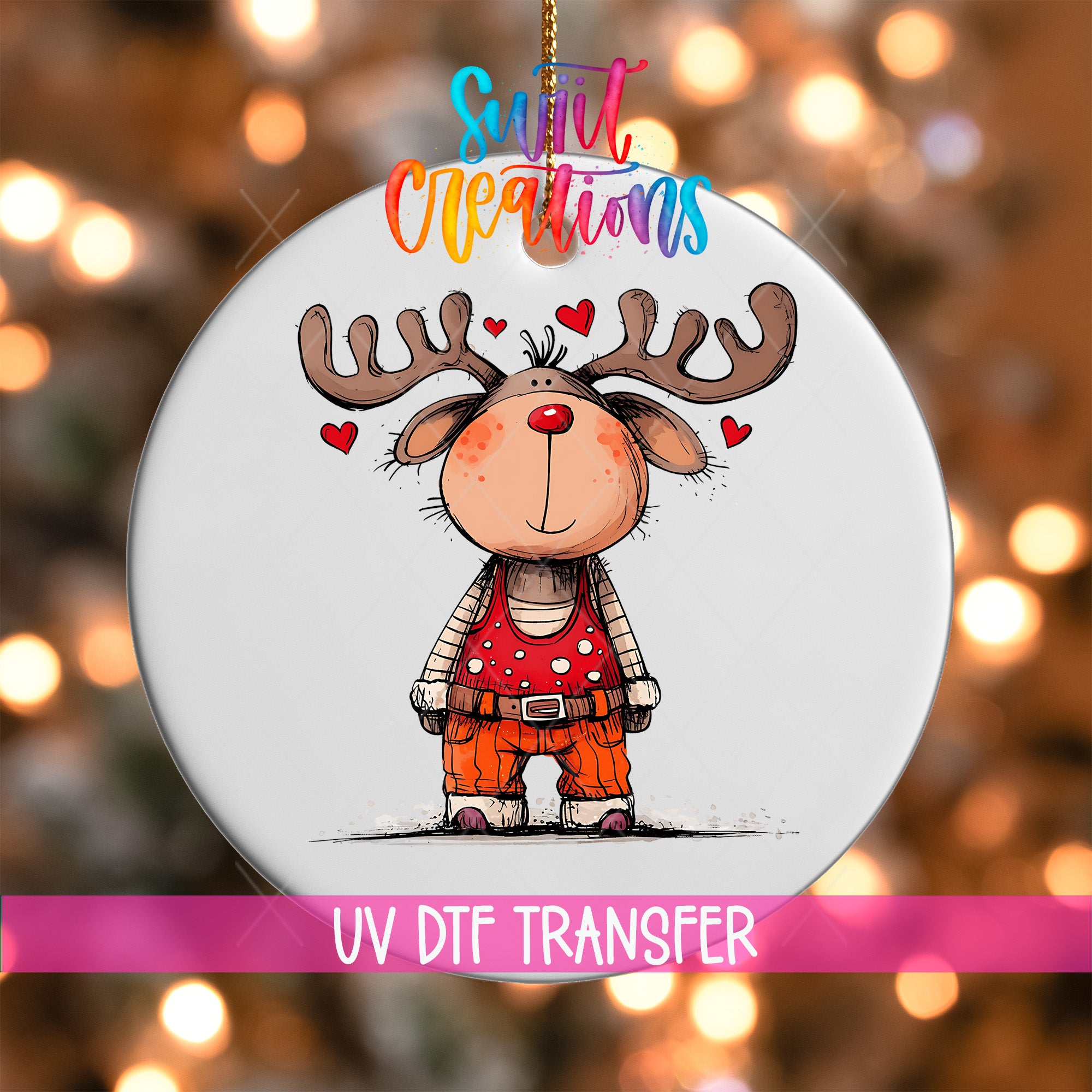 A white ornament with a cartoon reindeer wearing a red shirt and orange pants, surrounded by hearts, and the text "Sweet Creations" above it.