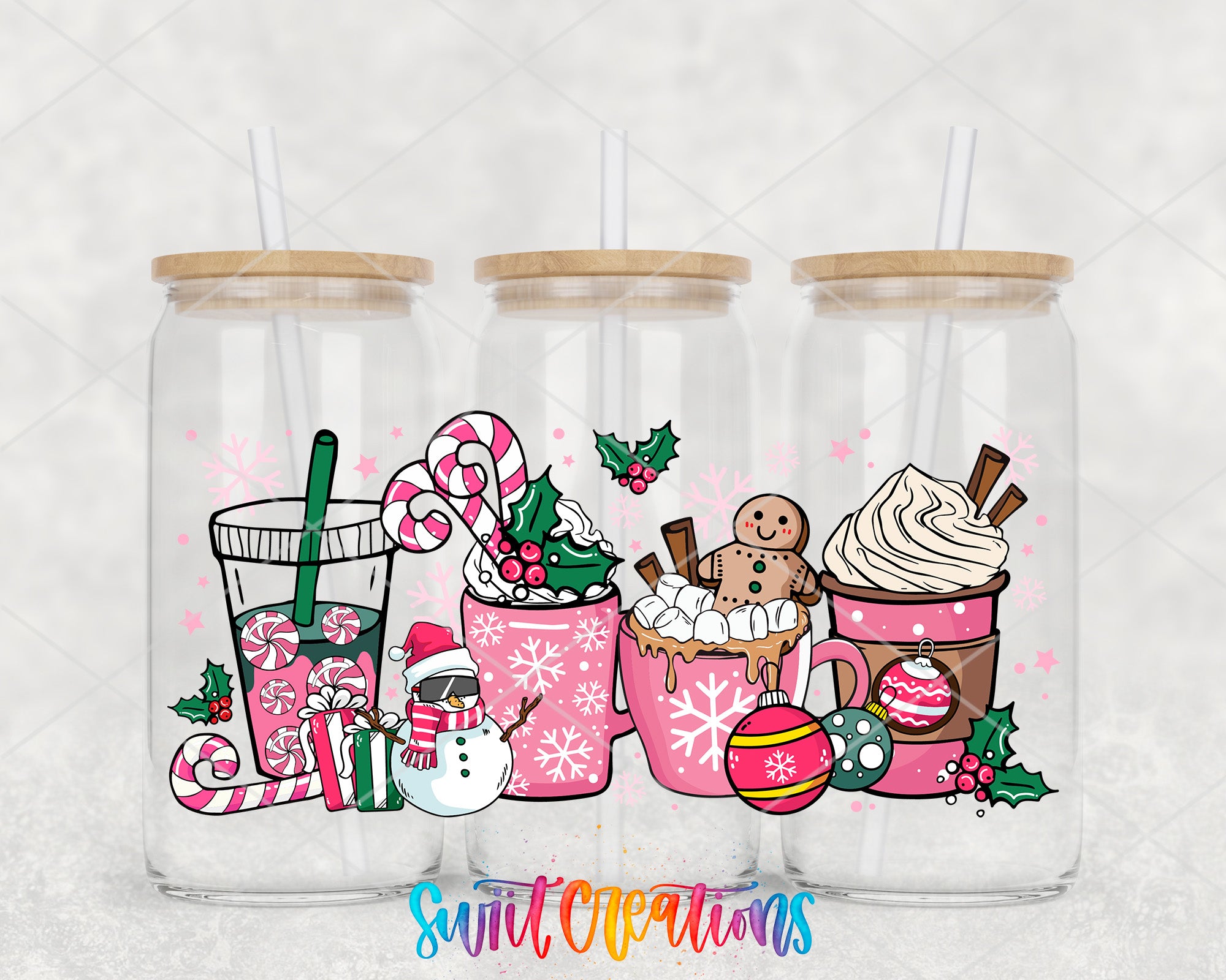 A collection of three glass jars filled with various hot beverages, each decorated with festive elements such as candy canes, snowmen, and Christmas ornaments.