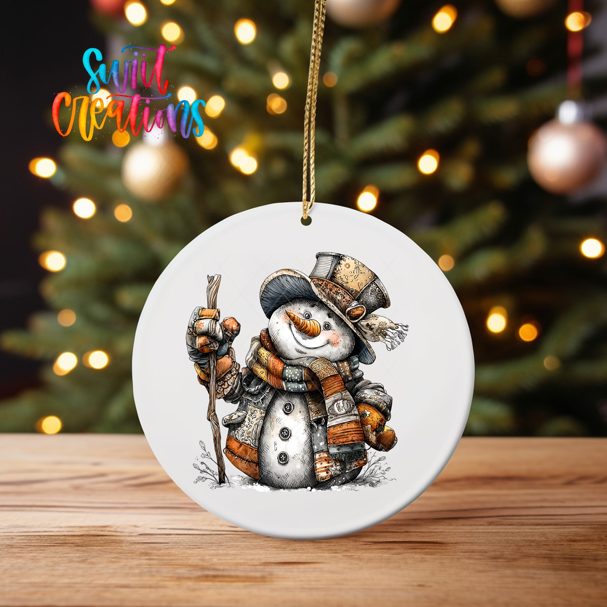 A snowman ornament with a hat and scarf is hanging on a string, with a blurred background of a Christmas tree and twinkling lights.