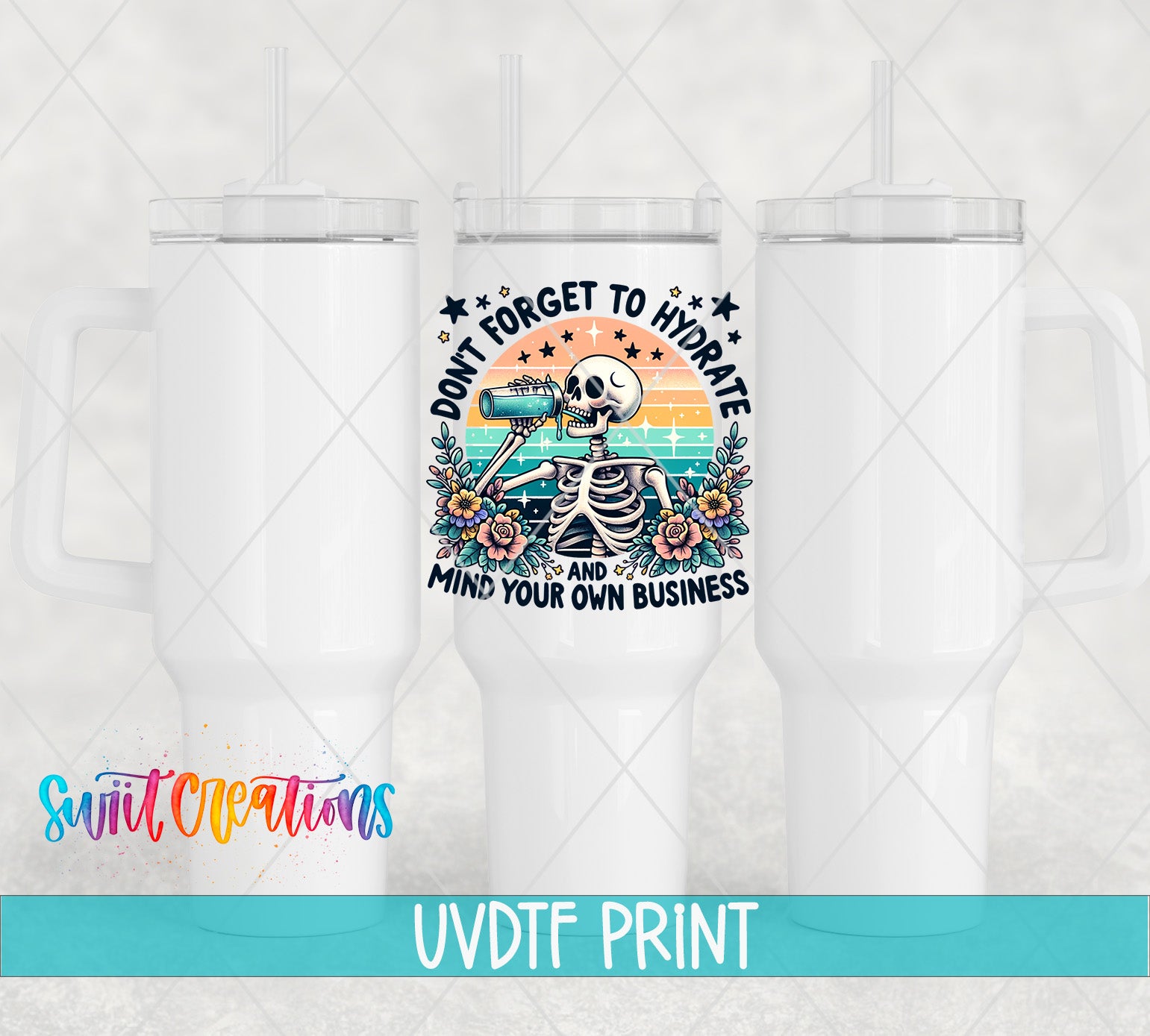 a white ceramic mug with a colorful design and text printed on it.