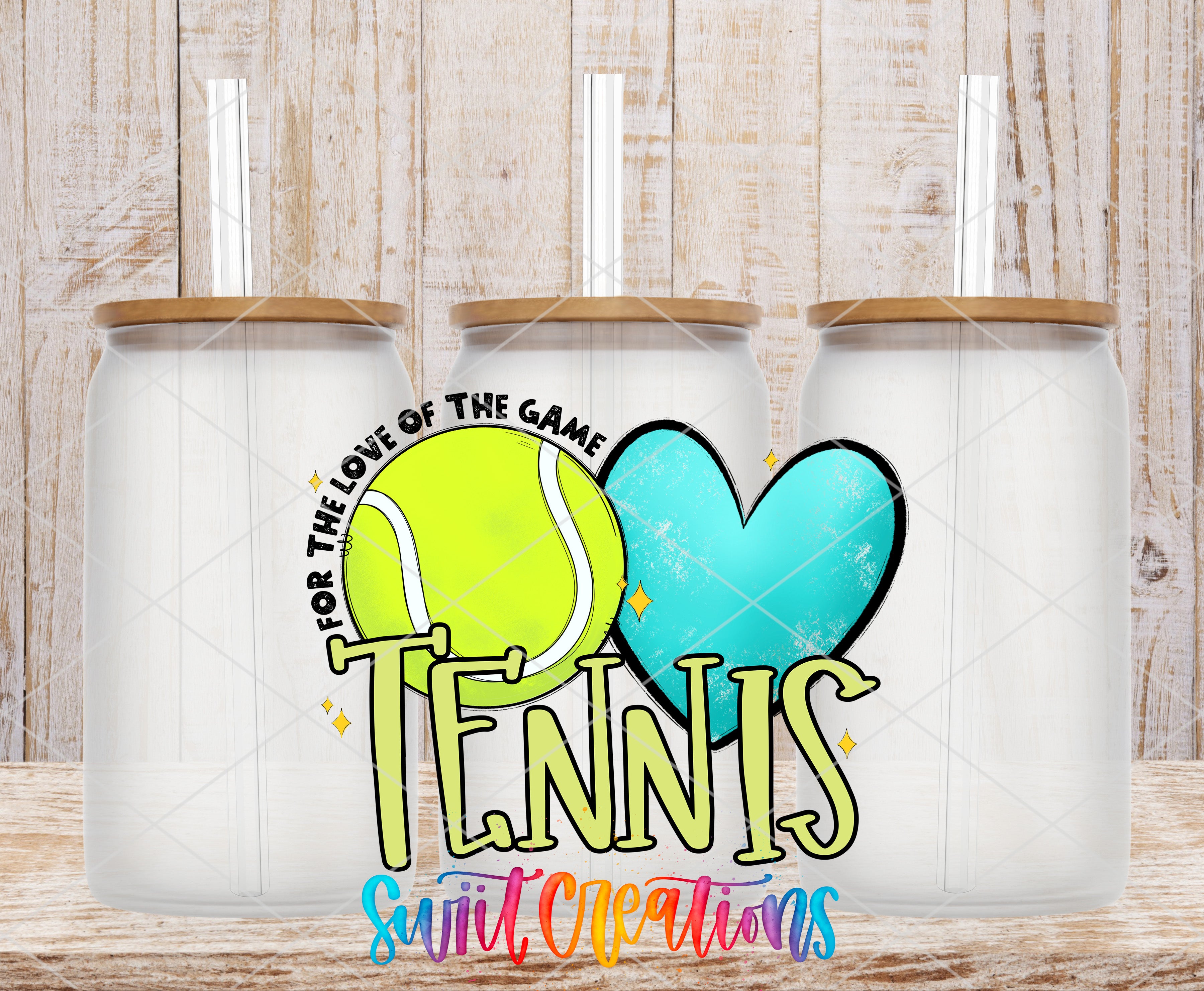 three glass jars with lids, each containing a straw, arranged in a row. The jars are set against a wooden background. The text "Tennis" is prominently displayed in the center of the image, with a heart symbol to the right of the word.