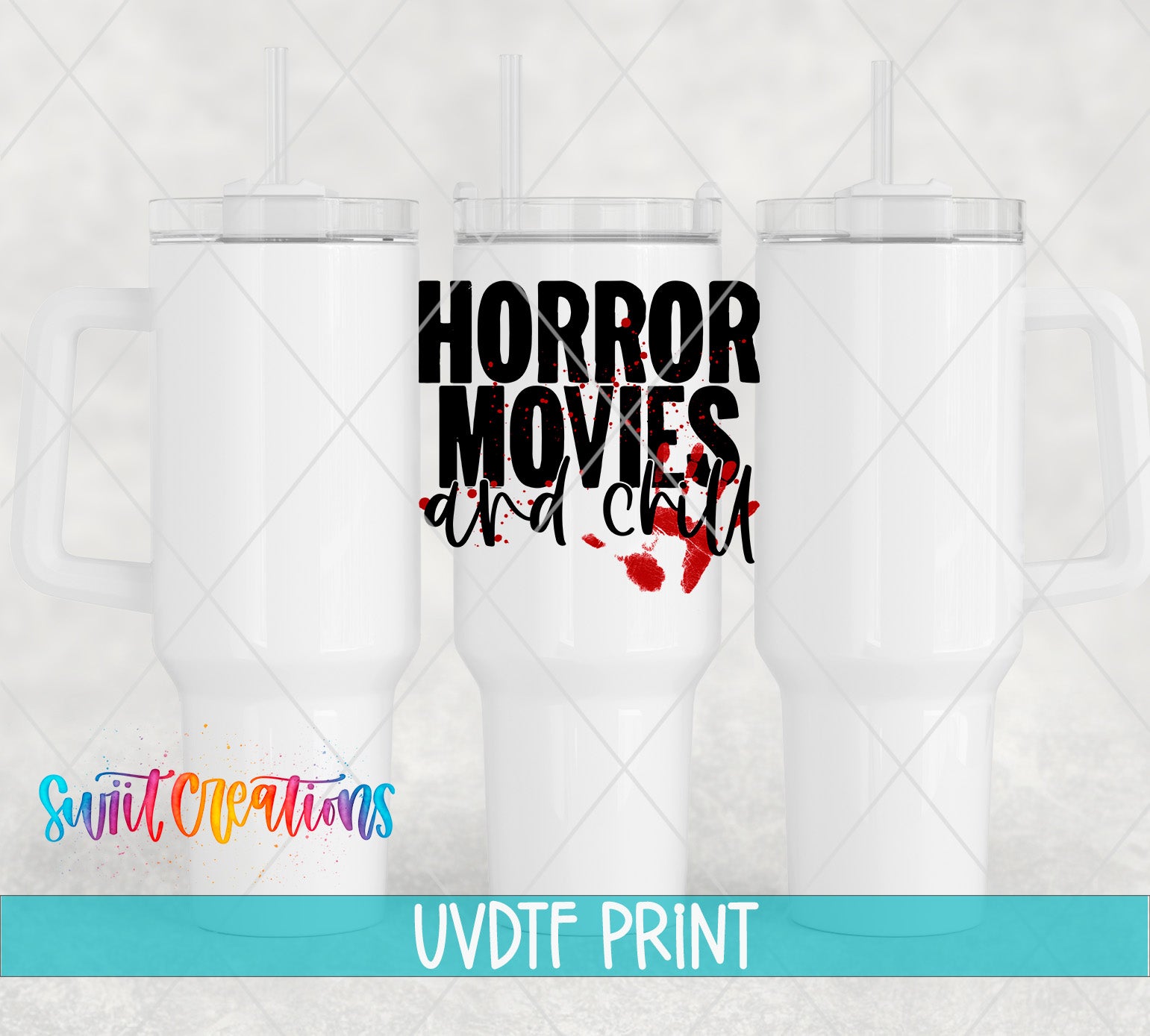 three white tumblers with the text "HORROR MOVIES and CHILL" printed on them.