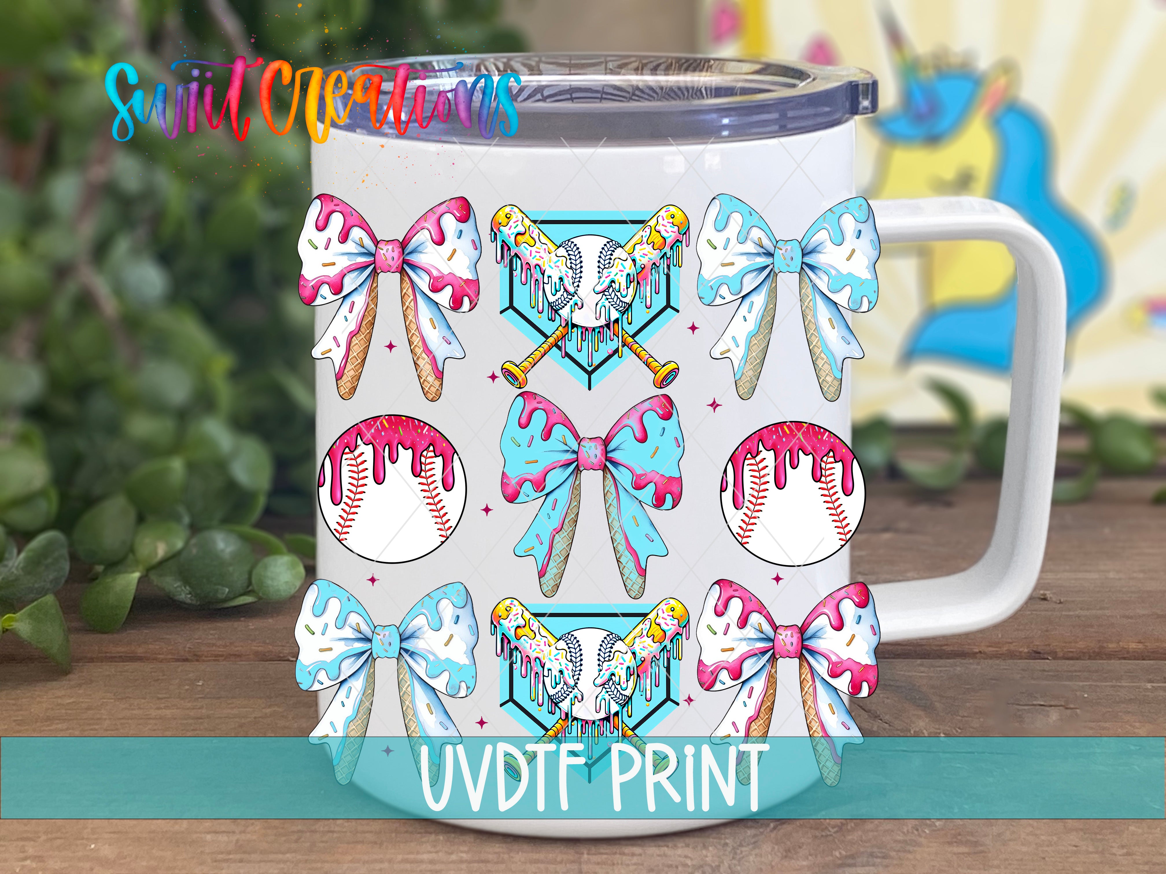 A white mug with a colorful design featuring various cartoon-style illustrations, including baseballs, bows, and other whimsical elements.