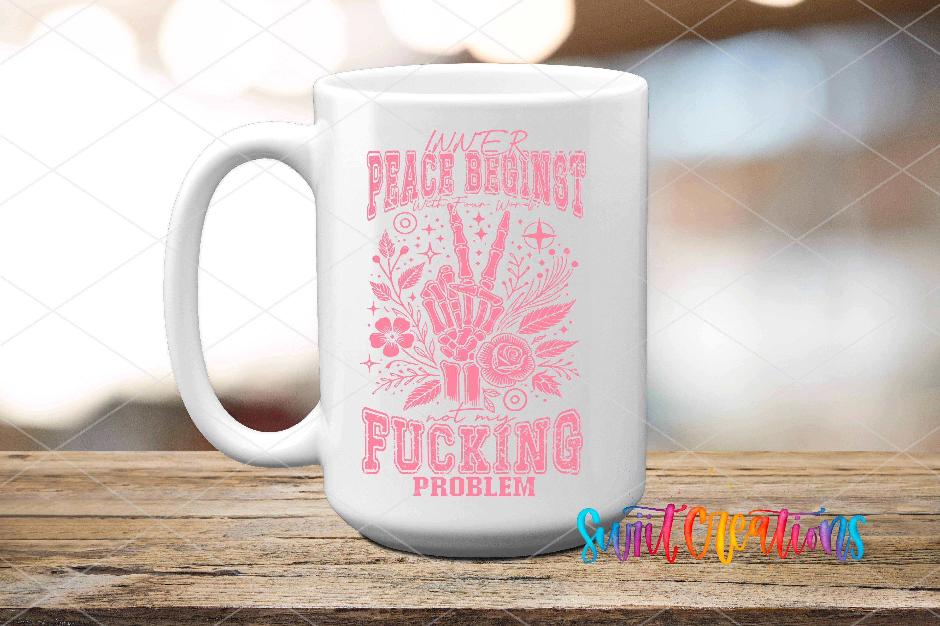 A white ceramic mug with a pink and black design featuring a hand with a peace sign and the text "Peace begins with F*cking problem" printed on it.