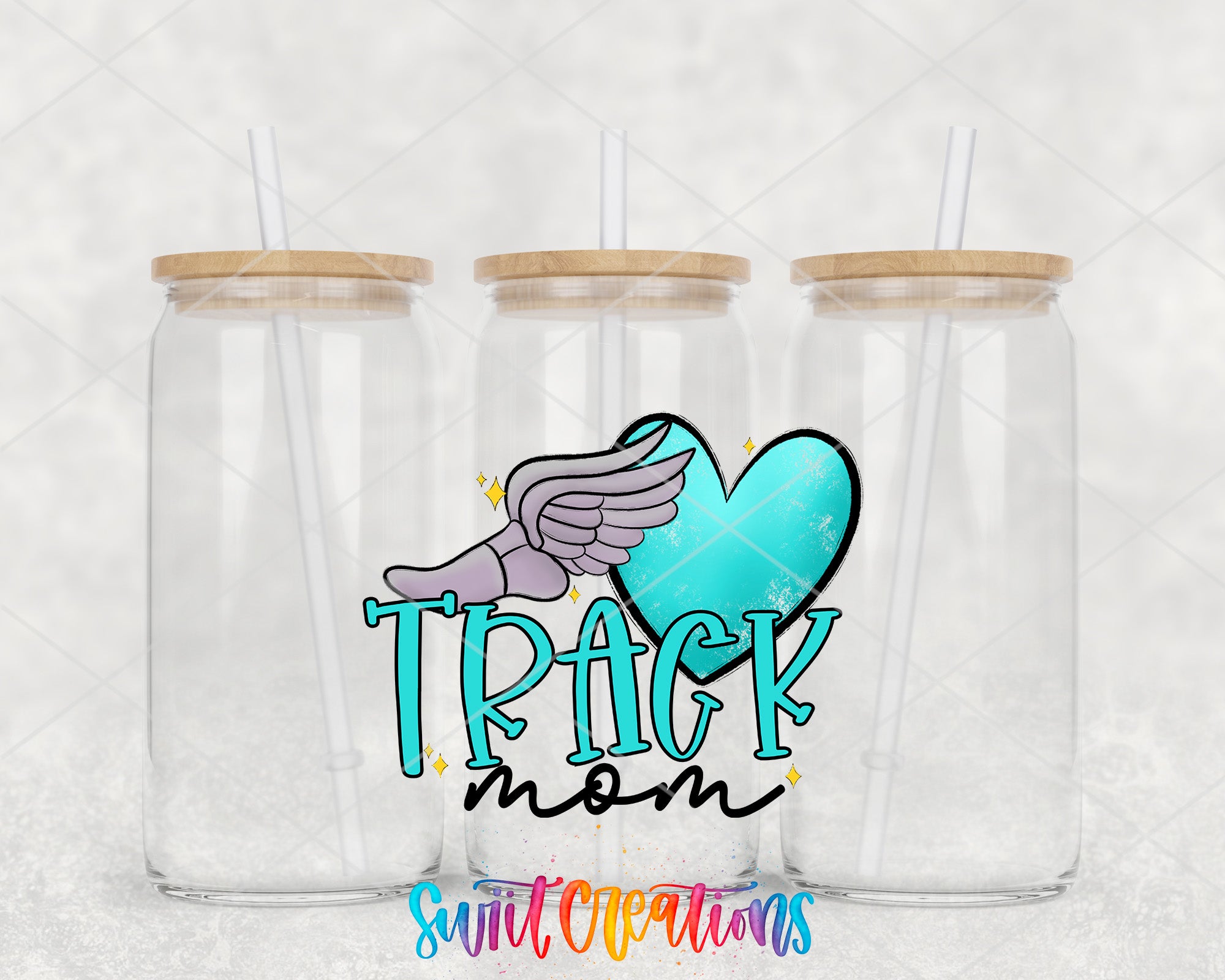 three clear glass jars with wooden lids, each with a straw sticking out of the top. The jars are arranged in a row, and there is a colorful graphic design in the center that includes a heart shape and the text "TRACK mom".