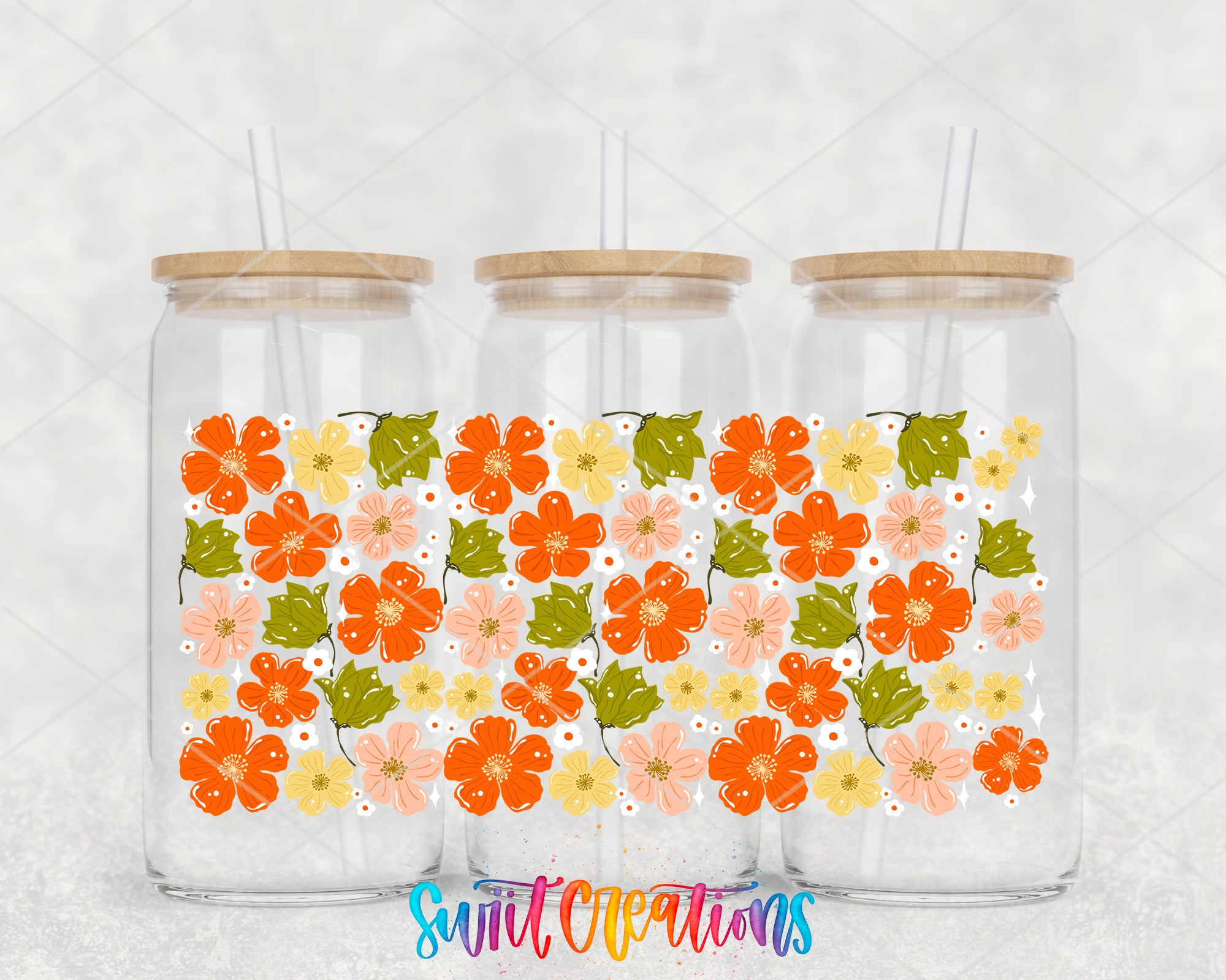 Three glass jars with wooden lids, each filled with a colorful arrangement of orange, yellow, and pink flowers.