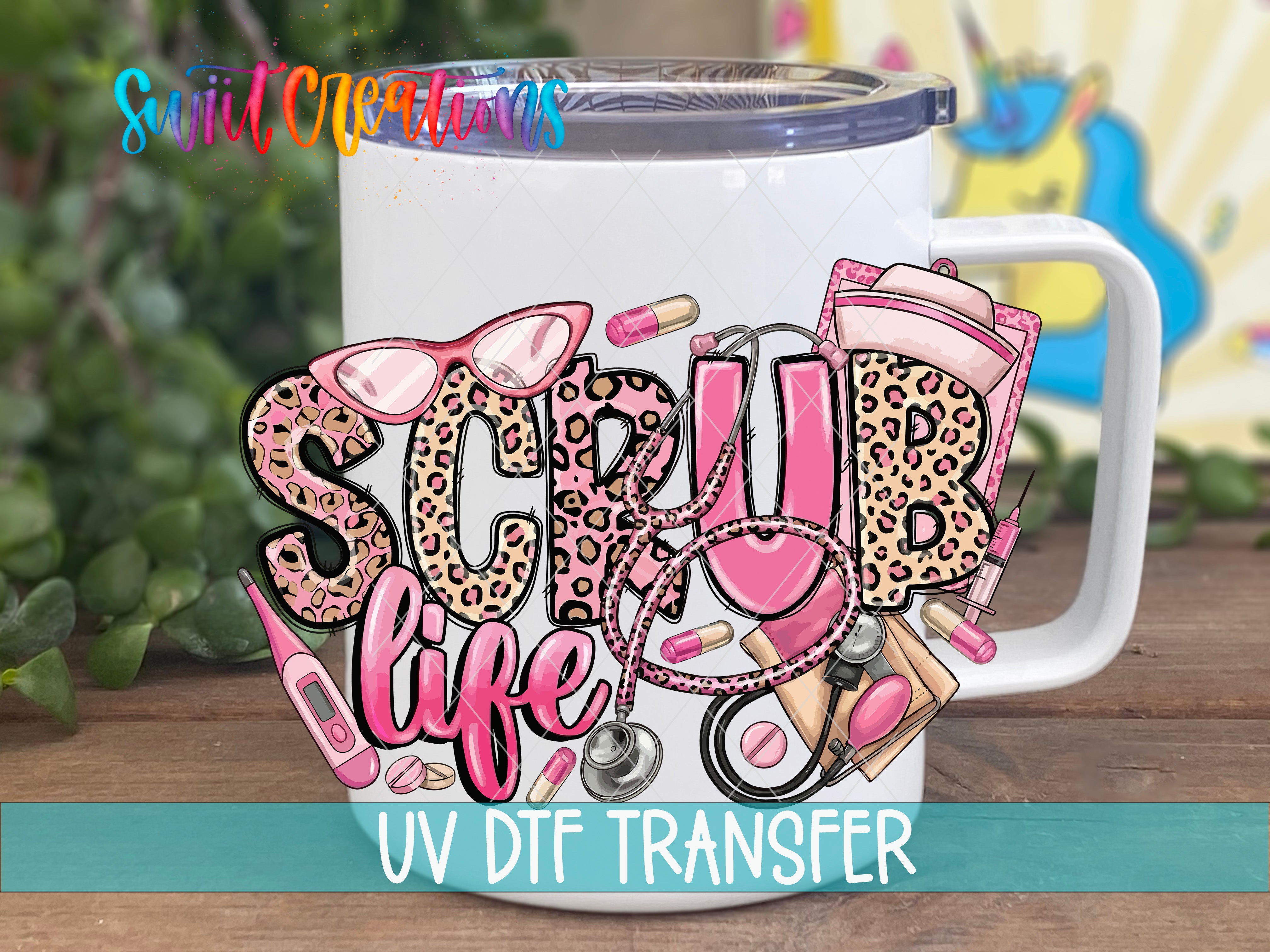 A white mug with a colorful and playful design featuring the word "SCRUB LIFE" surrounded by various medical and nursing-related items such as stethoscopes, pills, and a nurse's hat.