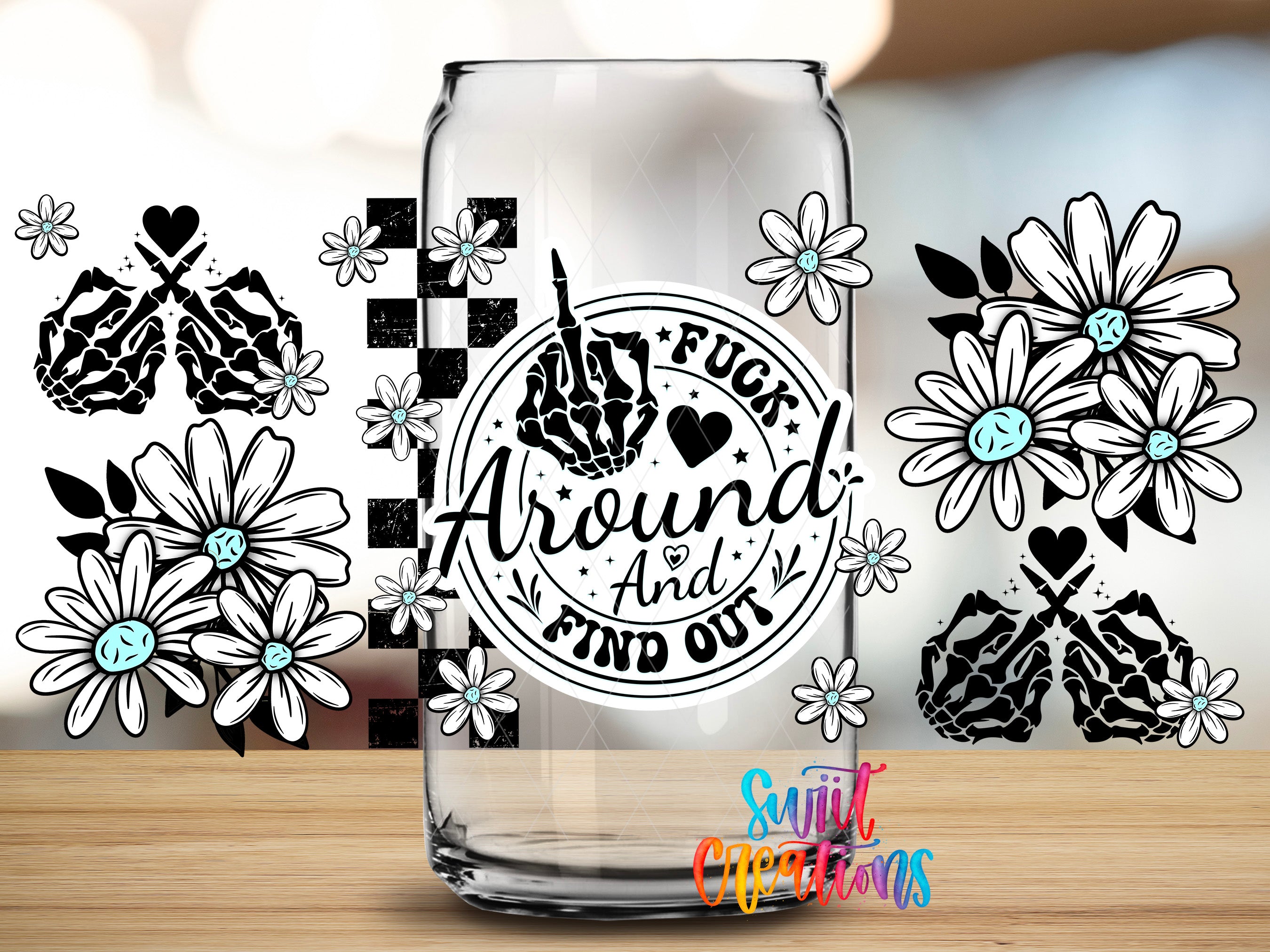 a glass can with a hand-drawn design and text on it, surrounded by various floral and geometric patterns.