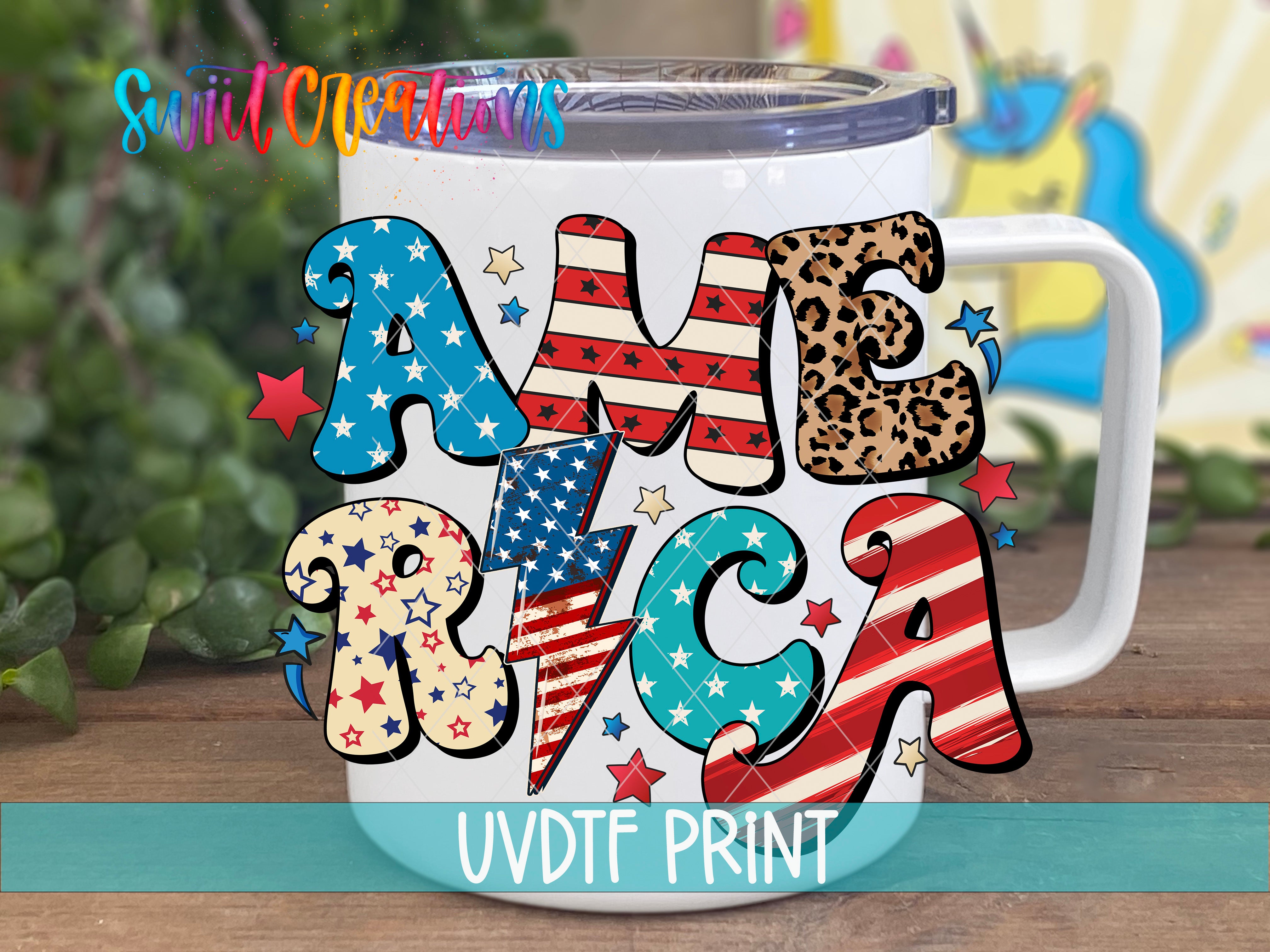 A white mug with the word "AMERICA" printed on it, surrounded by various patriotic symbols such as stars, stripes, and a leopard print.