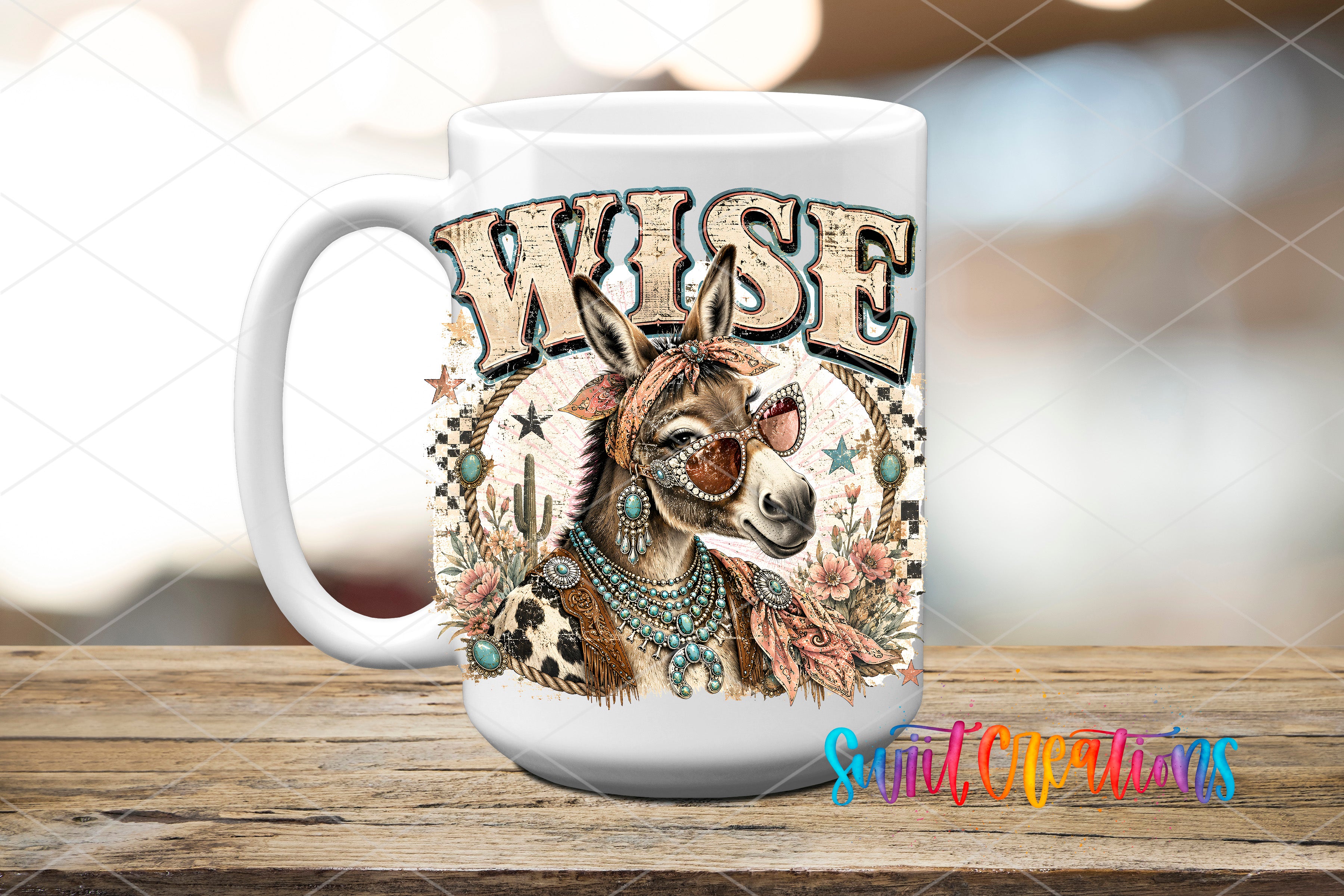 A white ceramic mug with a colorful illustration of a donkey wearing sunglasses and jewelry, with the word "WISE" prominently displayed.