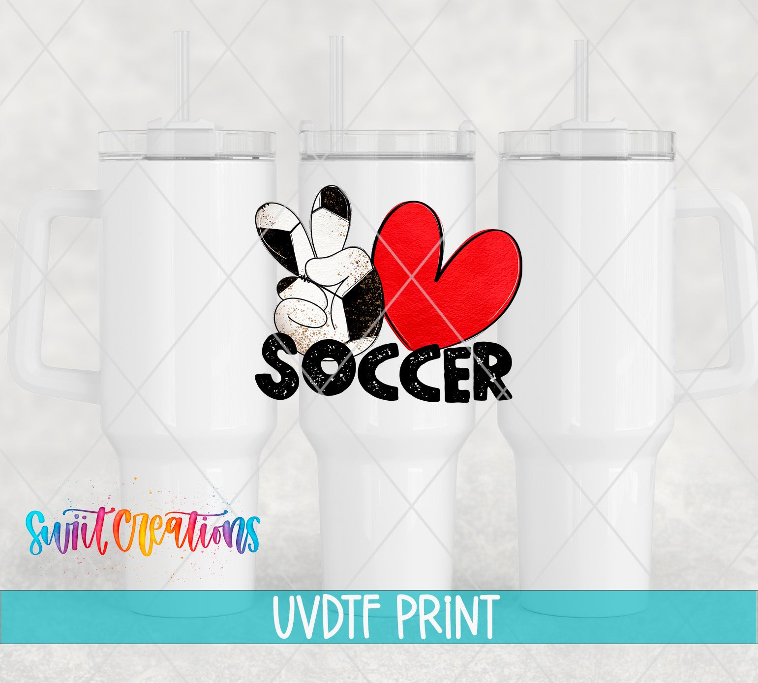 three white tumblers with a soccer-themed design printed on them.