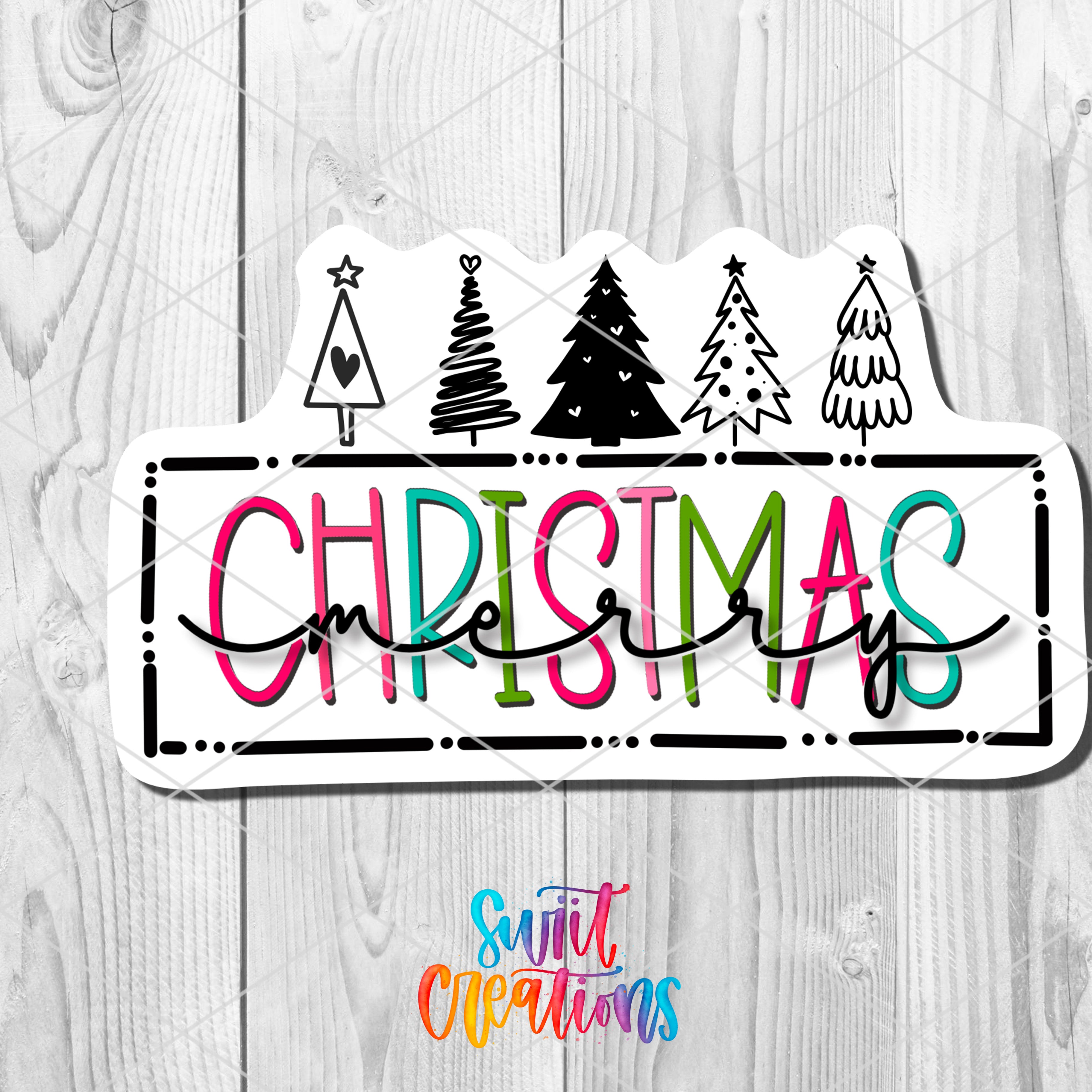 a sticker that says christmas on a wooden background