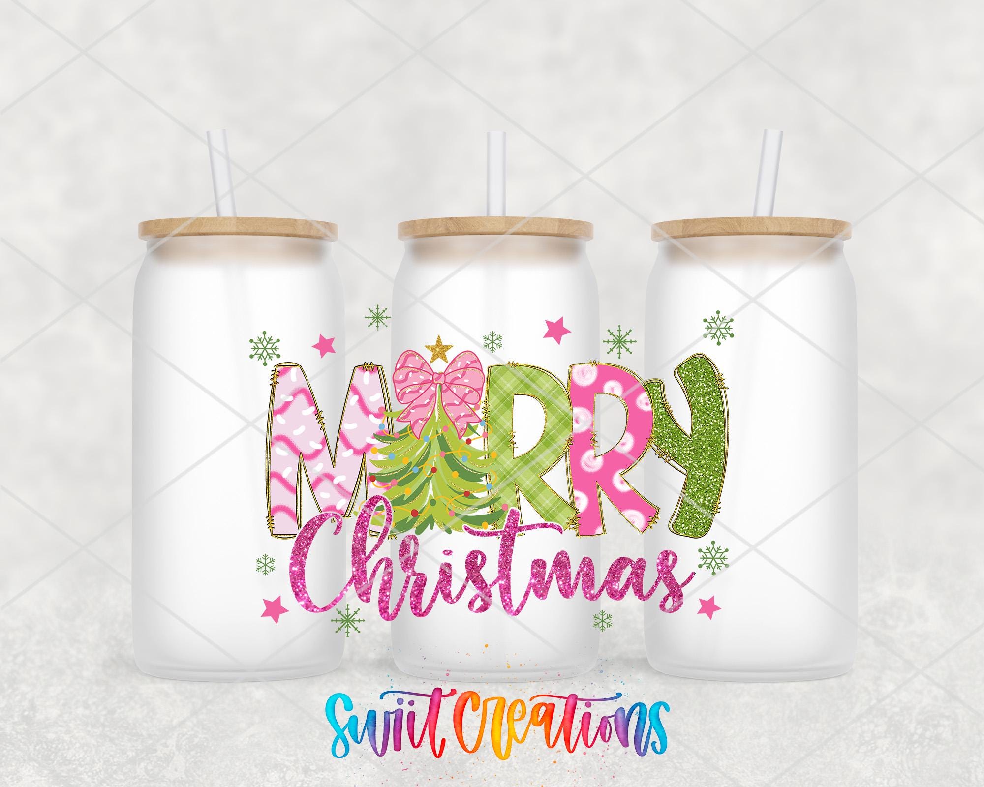A festive image featuring three white tumblers with the text "Merry Christmas" printed on them, along with decorative elements such as snowflakes and stars.