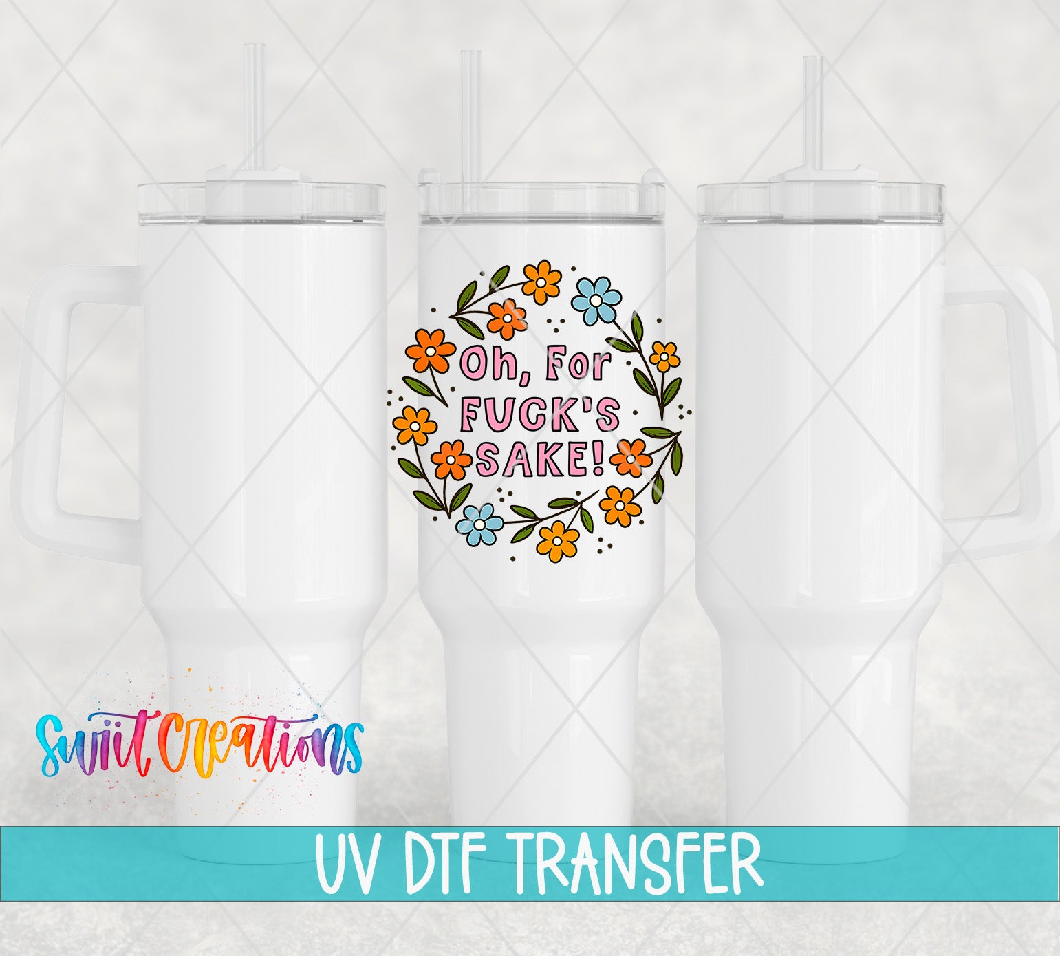 three white tumblers with a colorful floral design and text on them.