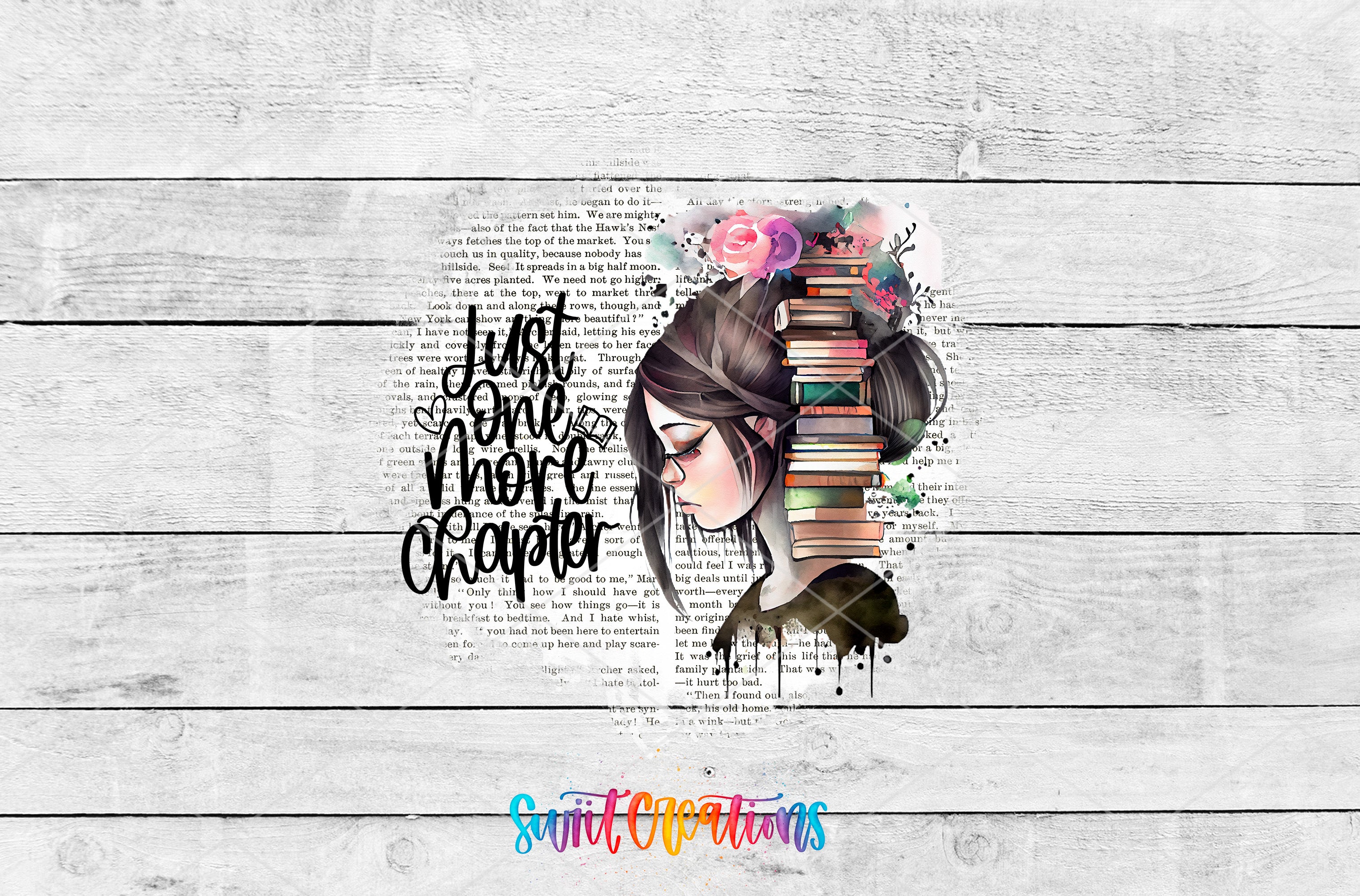 A collage of various images, including a close-up of a woman's face with a stack of books on her head, accompanied by the text "Just one more chapter" and a colorful, artistic design.