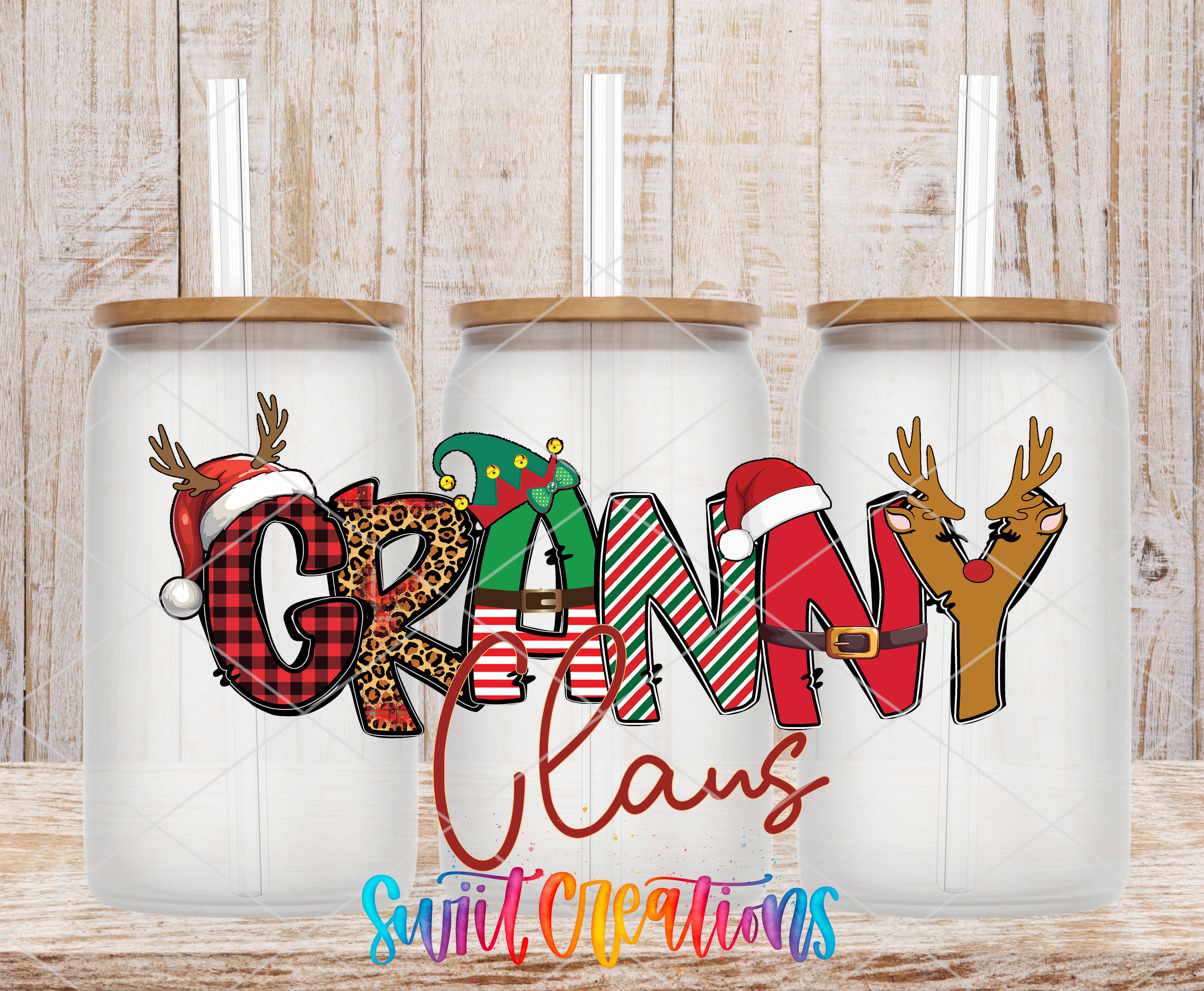 Three glass jars with the word "GRANNY" written on them, each with a different design and color scheme.