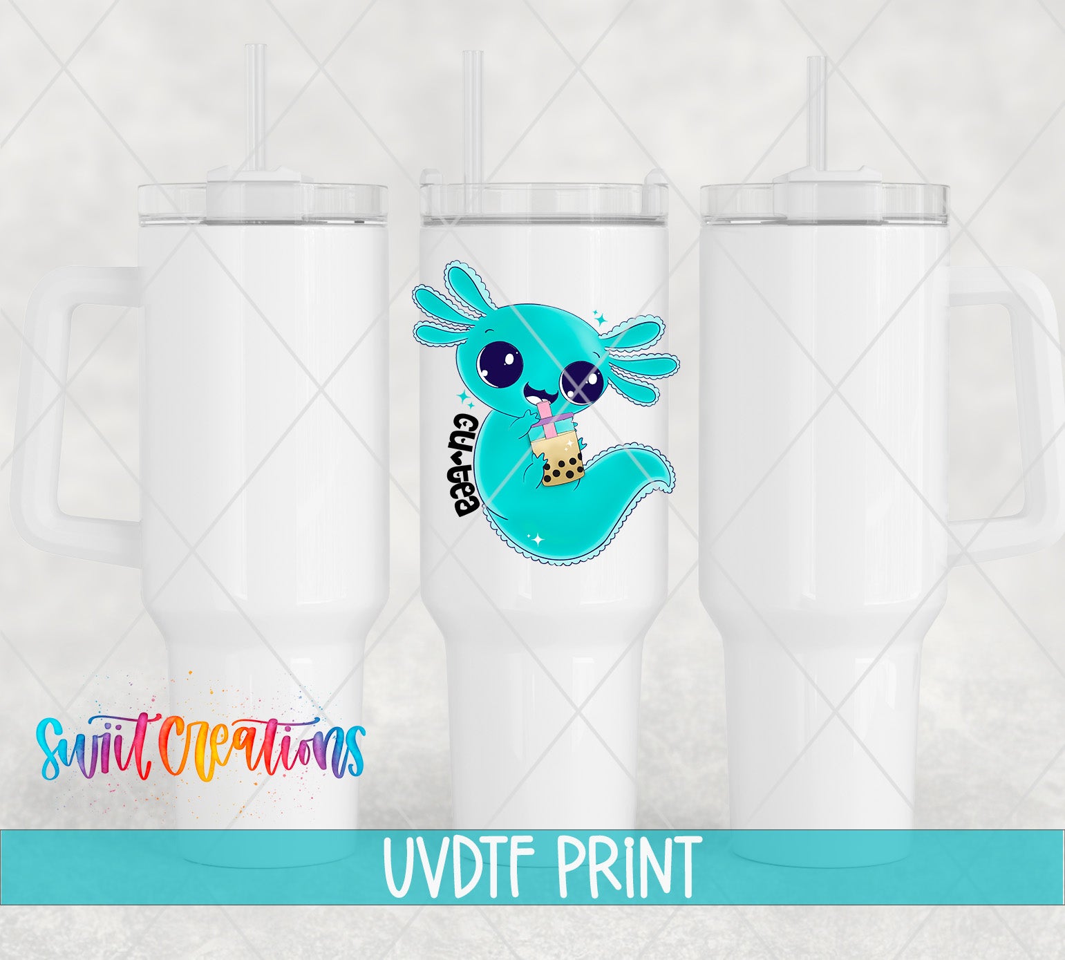 three white tumblers with a colorful cartoon character design on them.
