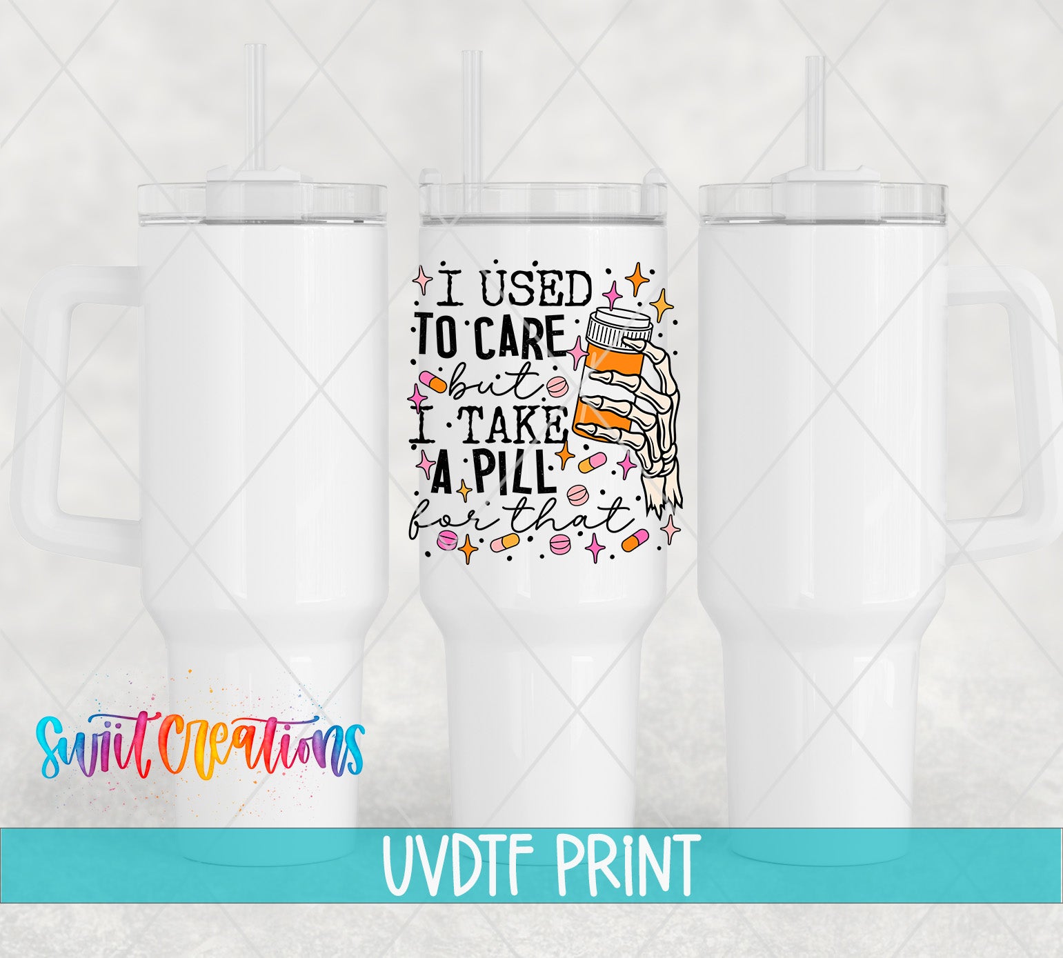 a white tumbler with a printed design on it, including text and illustrations.