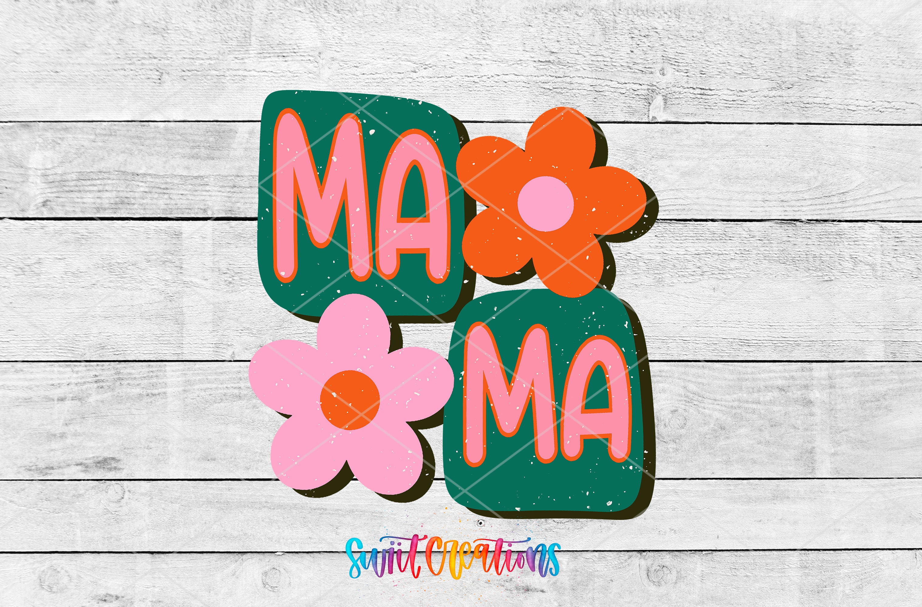 a colorful and playful design with the text "MA" and two flower-shaped elements, one pink and one orange, arranged on a wooden background.