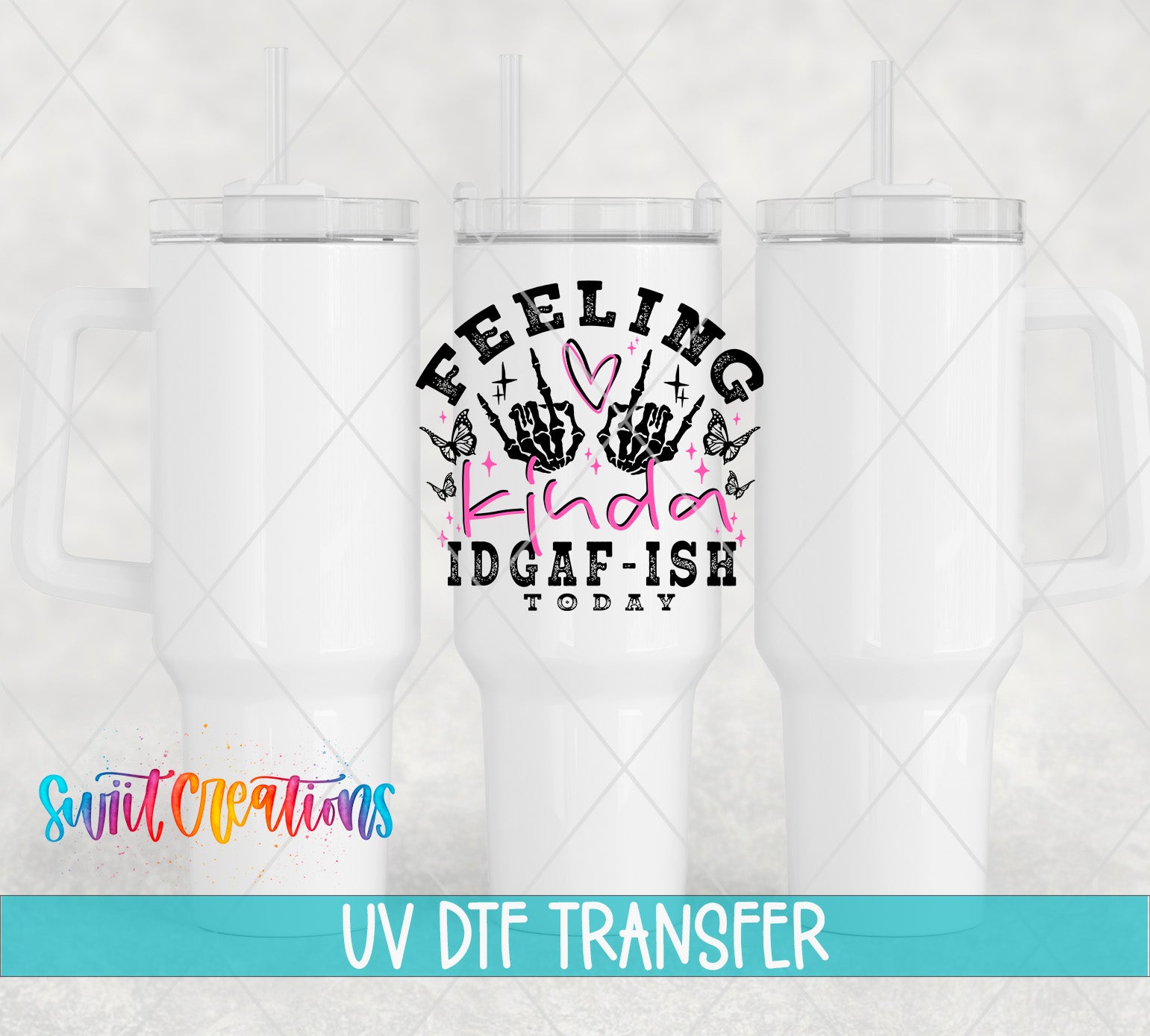 three white tumblers with a graphic design on them, including text and a skull-like symbol.