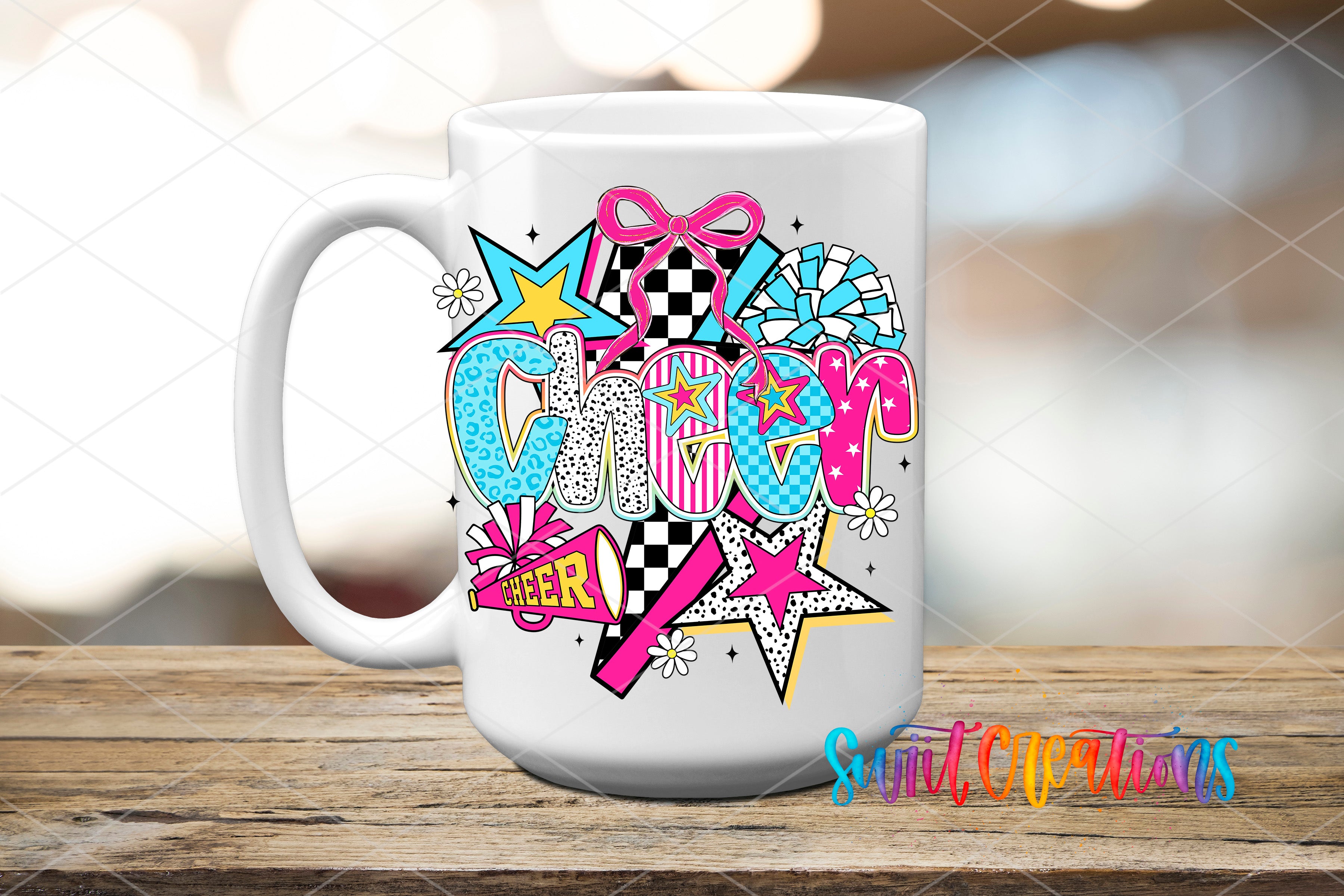 A white ceramic mug with a colorful and vibrant design featuring the word "Cheer" surrounded by various decorative elements such as stars, flowers, and a checkered pattern.