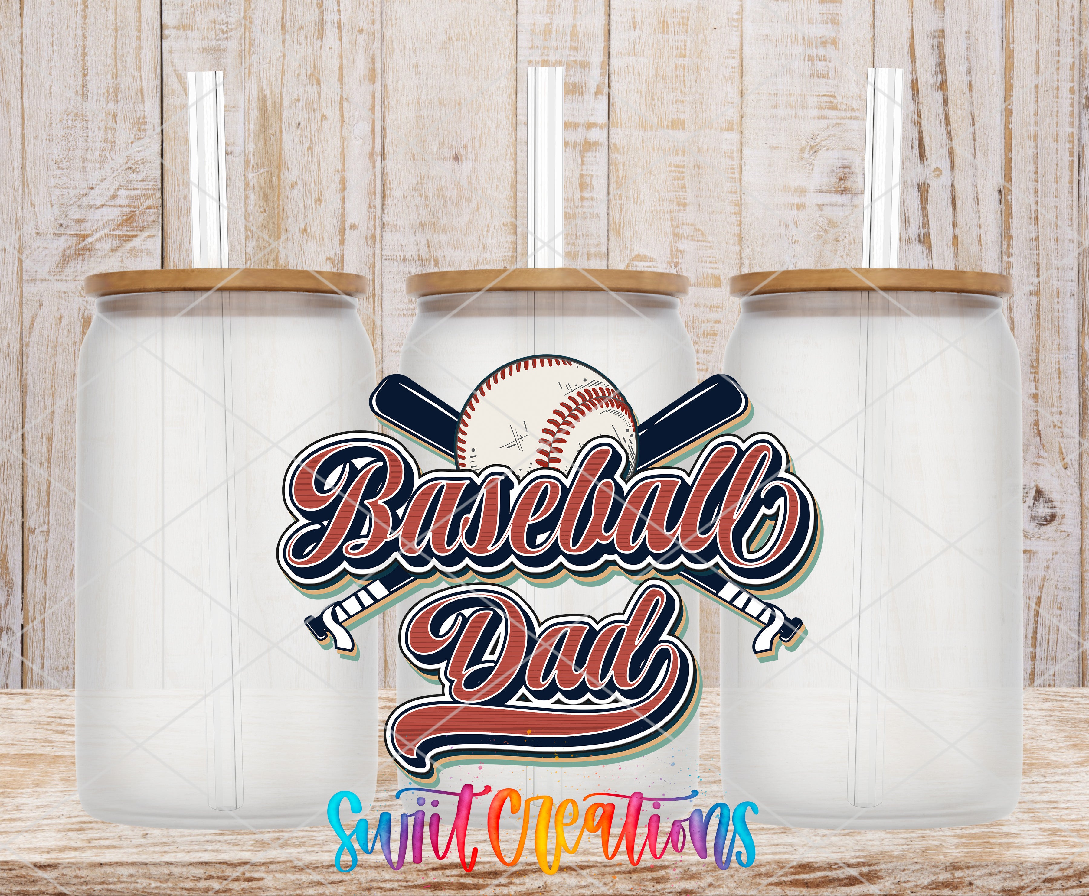 three glass jars with straws, each with a lid, arranged in a row against a wooden background. The jars are labeled "Baseball Dad" in a stylized font, and there is a colorful text overlay that reads "Sweet Creations" at the bottom of the image.