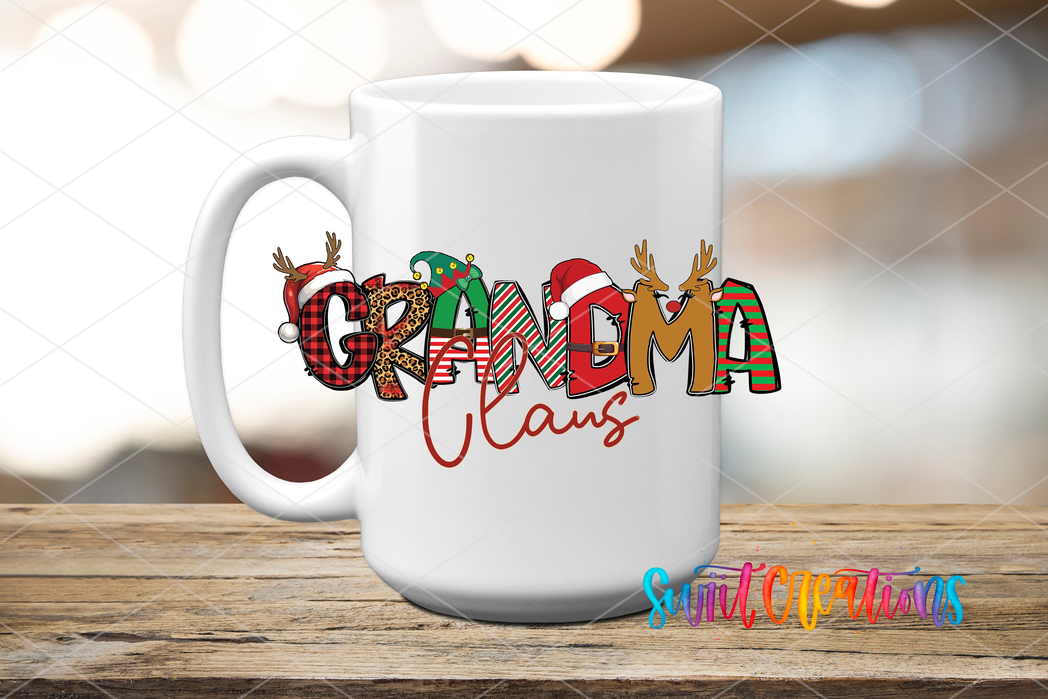 A white ceramic mug with the word "GRANDMA" written on it in a colorful, cartoonish font.