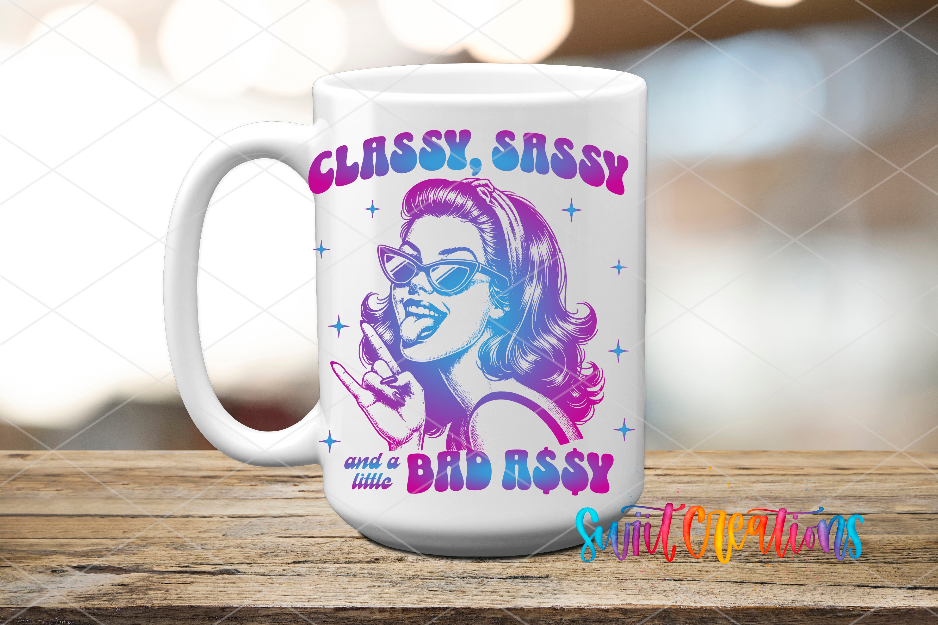 A white ceramic mug with a colorful graphic design featuring a woman with sunglasses and a playful expression.