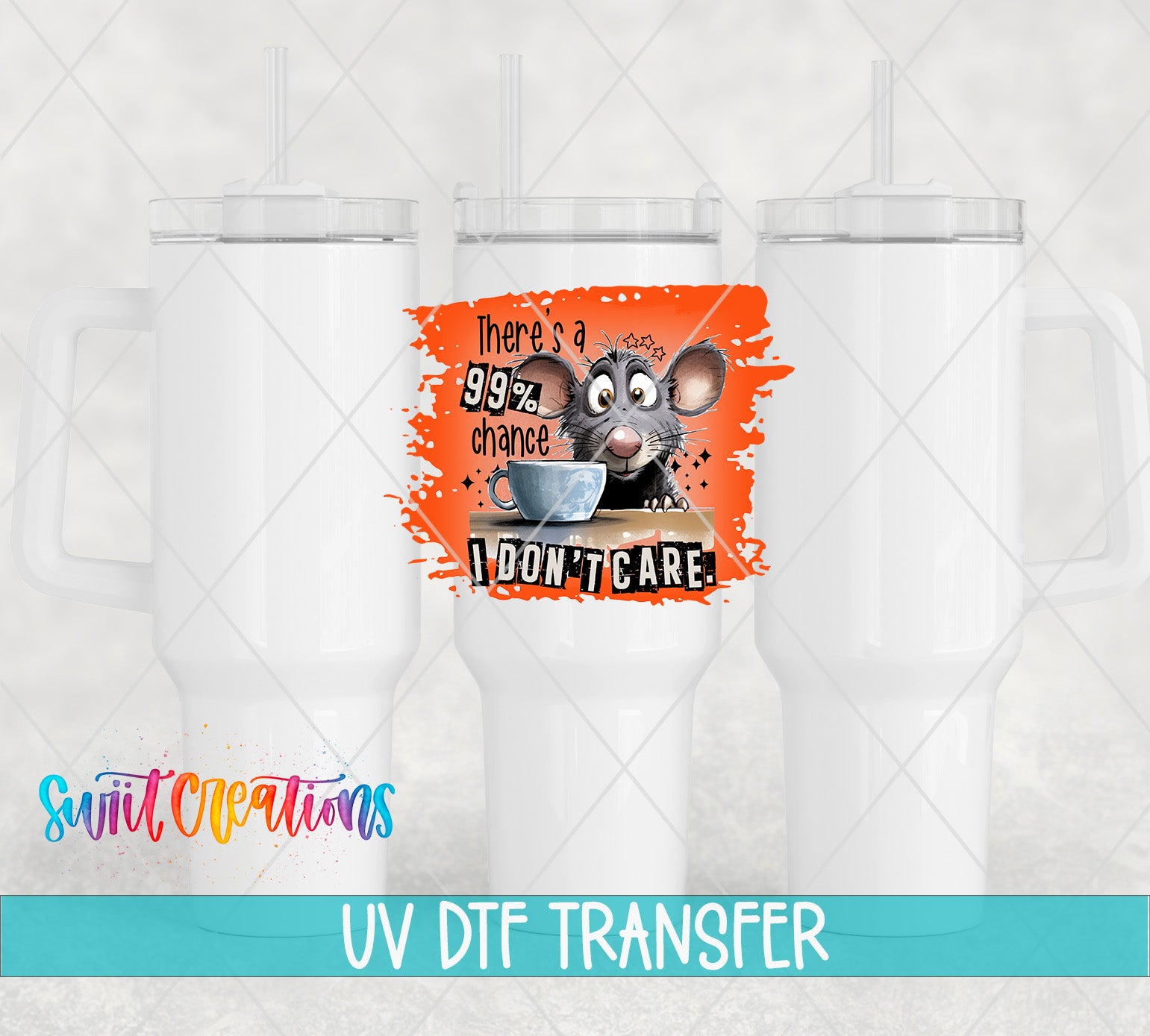 The image is a promotional image for a UV DFT (Volumetric Data Transfer) transfer service, featuring a cartoon mouse with a humorous caption.