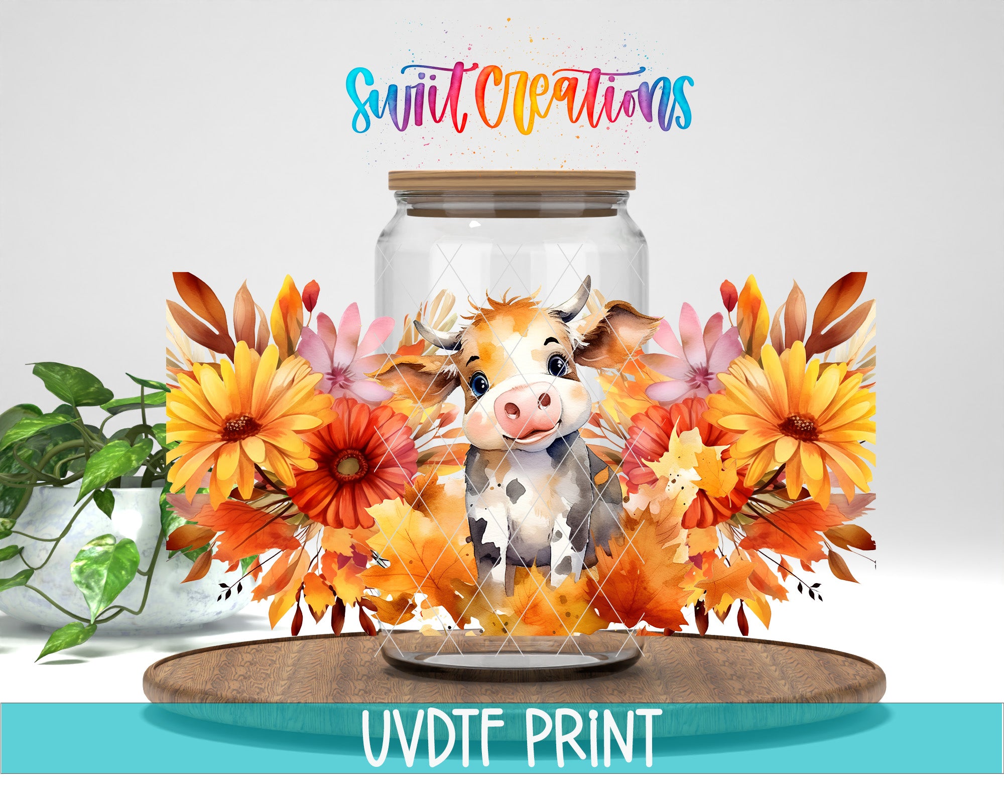 A cow is surrounded by a vibrant floral arrangement in a glass jar, with the text "Swift Creations" above it.