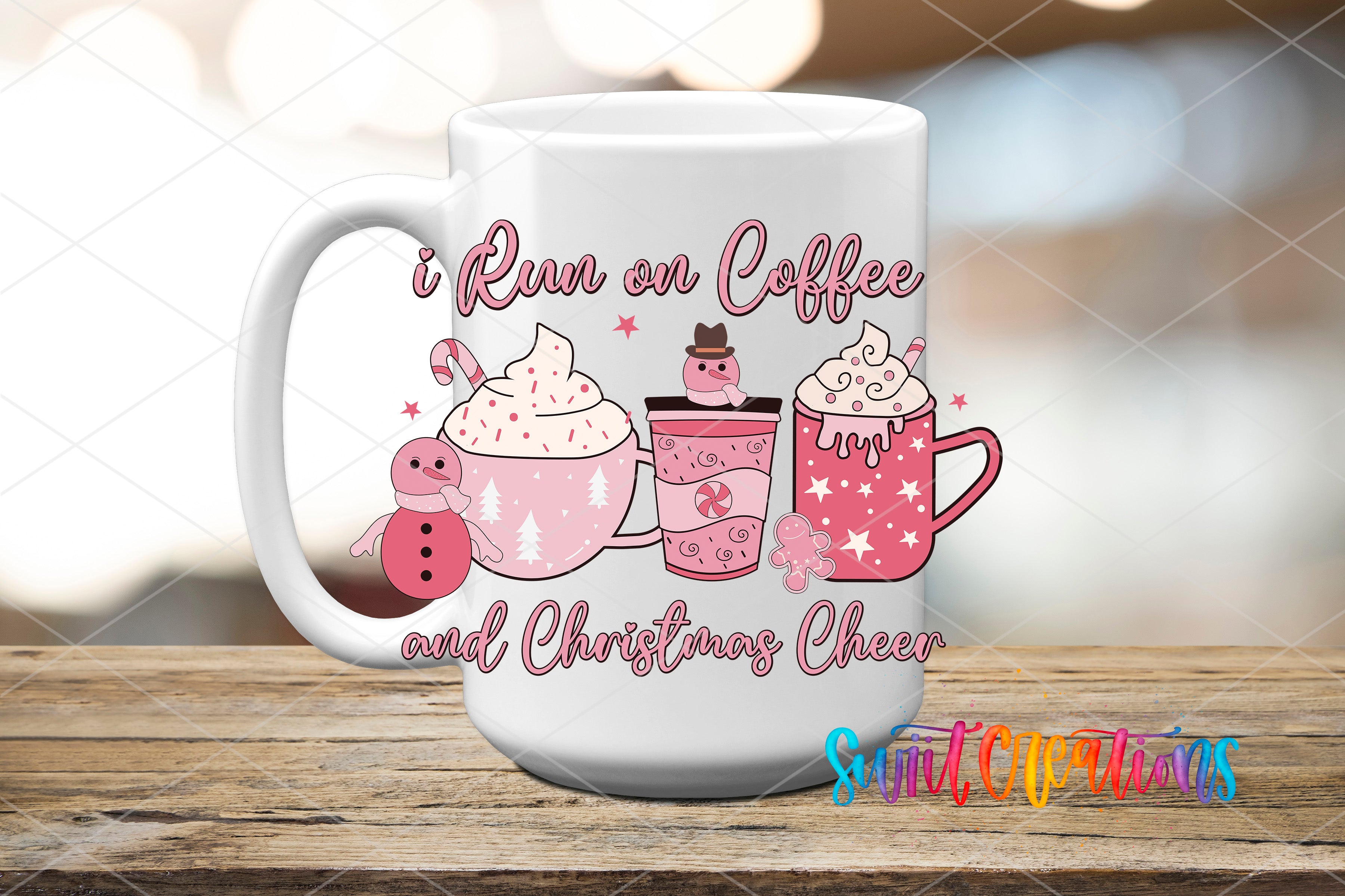 A white mug with a playful design featuring a snowman, a cup of coffee, and a mug of hot chocolate, along with the text "I Run on Coffee and Christmas Cheer".