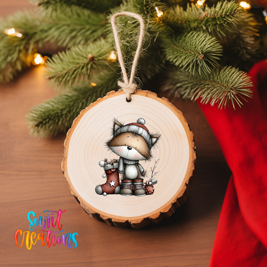 A wooden ornament featuring a cartoon fox wearing a hat and holding a stocking, hanging on a Christmas tree.