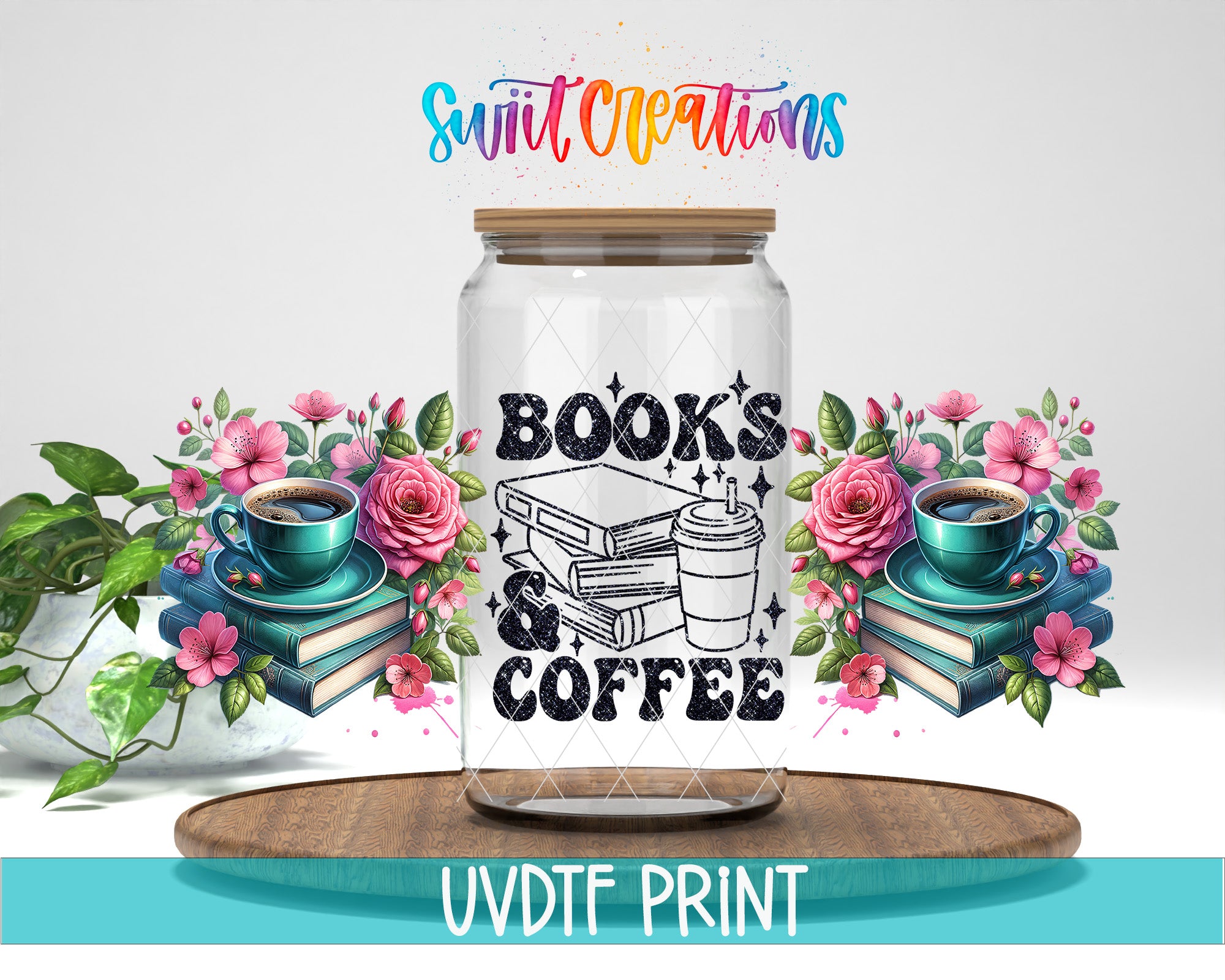 The image is a promotional graphic for a company called "Swift Creations" that specializes in creating custom graphics and designs. The central focus of the image is a glass jar with a label that reads "BOOKS & COFFEE", surrounded by various floral elements and illustrations of books and coffee cups. The company's name is displayed in colorful text above the jar, and the phrase "UVDF PRINT" is written at the bottom of the image.