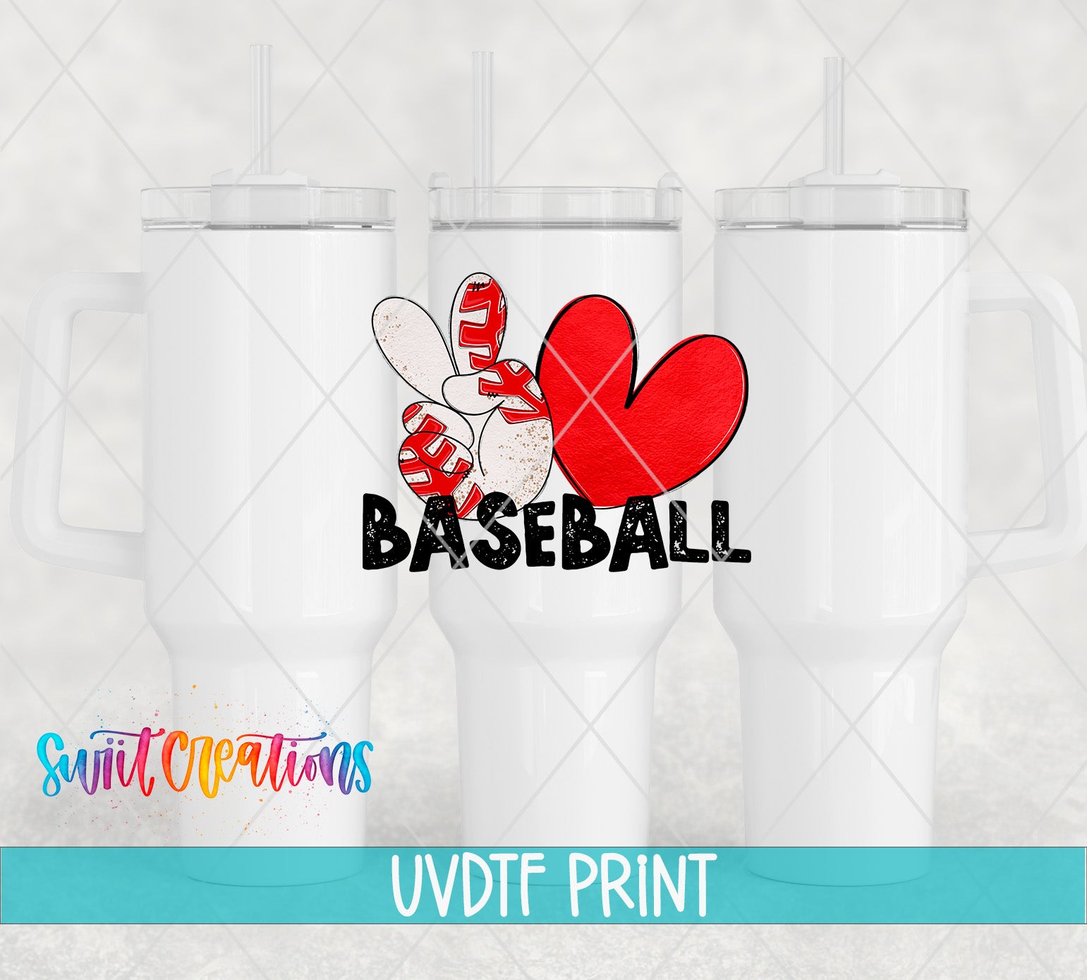 three white tumblers with a baseball-themed design on them.