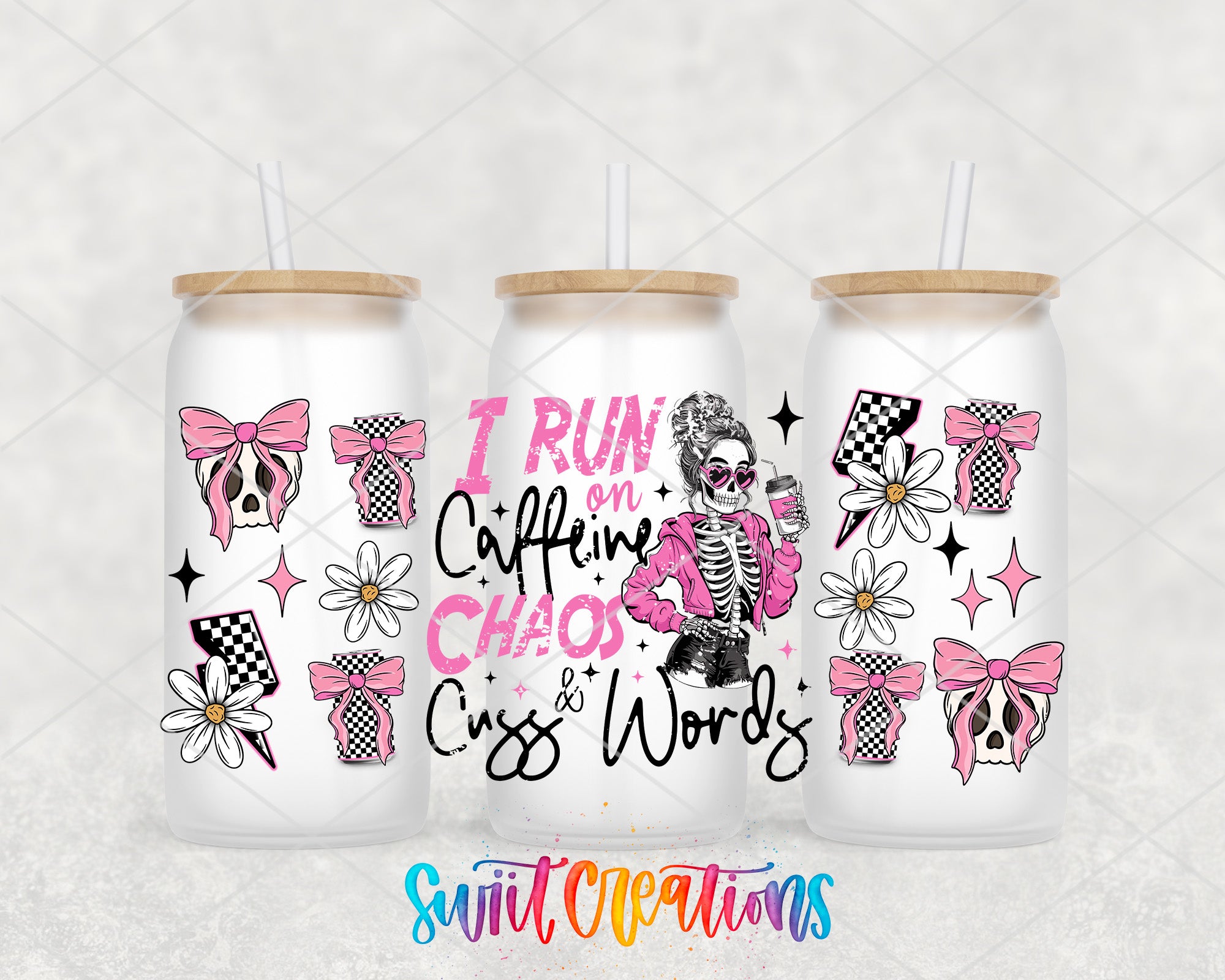 three white tumblers with various designs and text on them.
