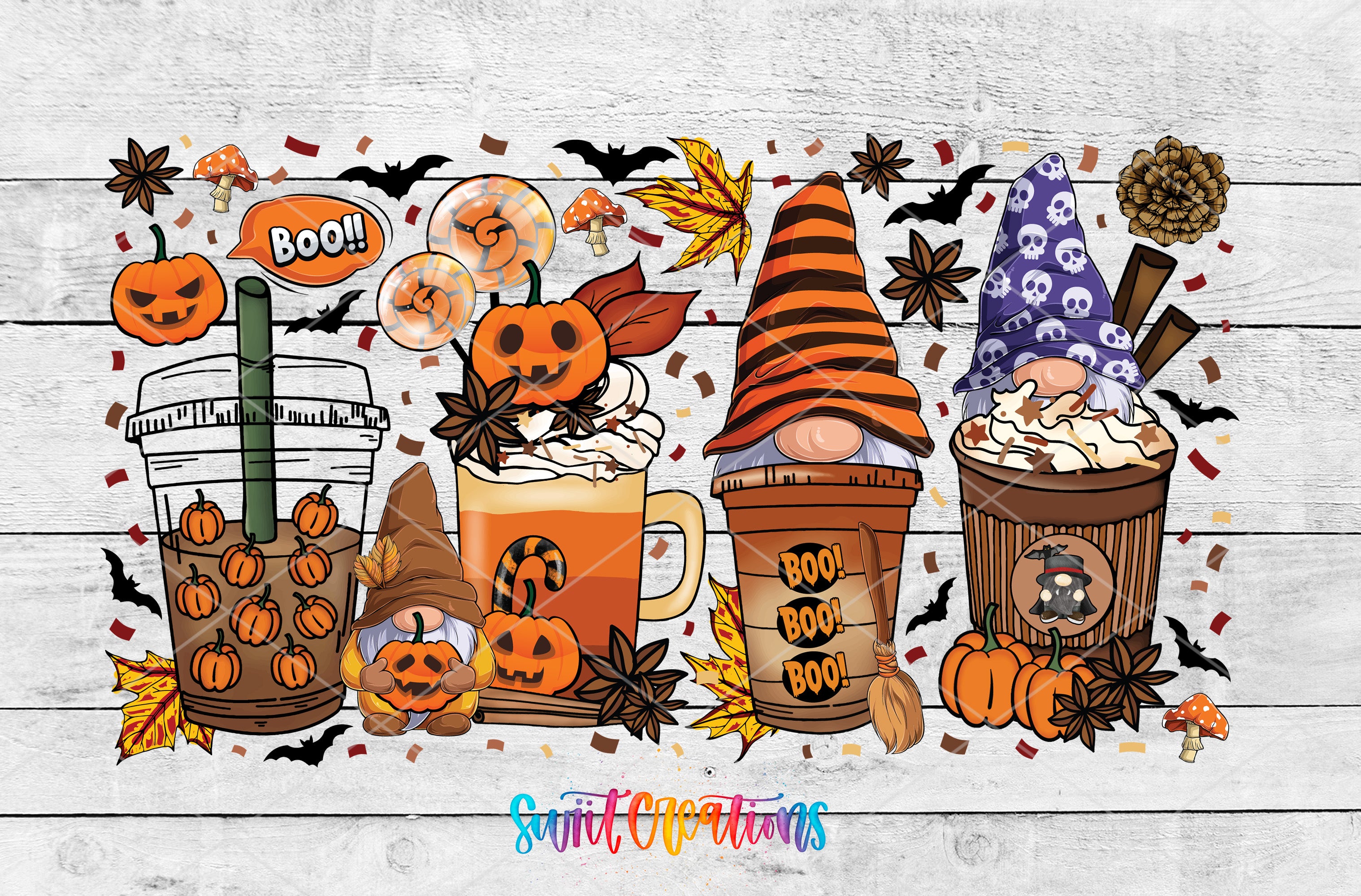A Halloween-themed illustration featuring four coffee drinks with pumpkin and ghost decorations, along with bats, pumpkins, and other seasonal elements.